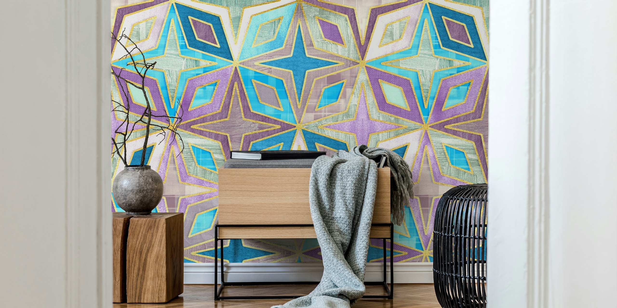 Geometric Blue and Purple Stars and Diamonds Tapete