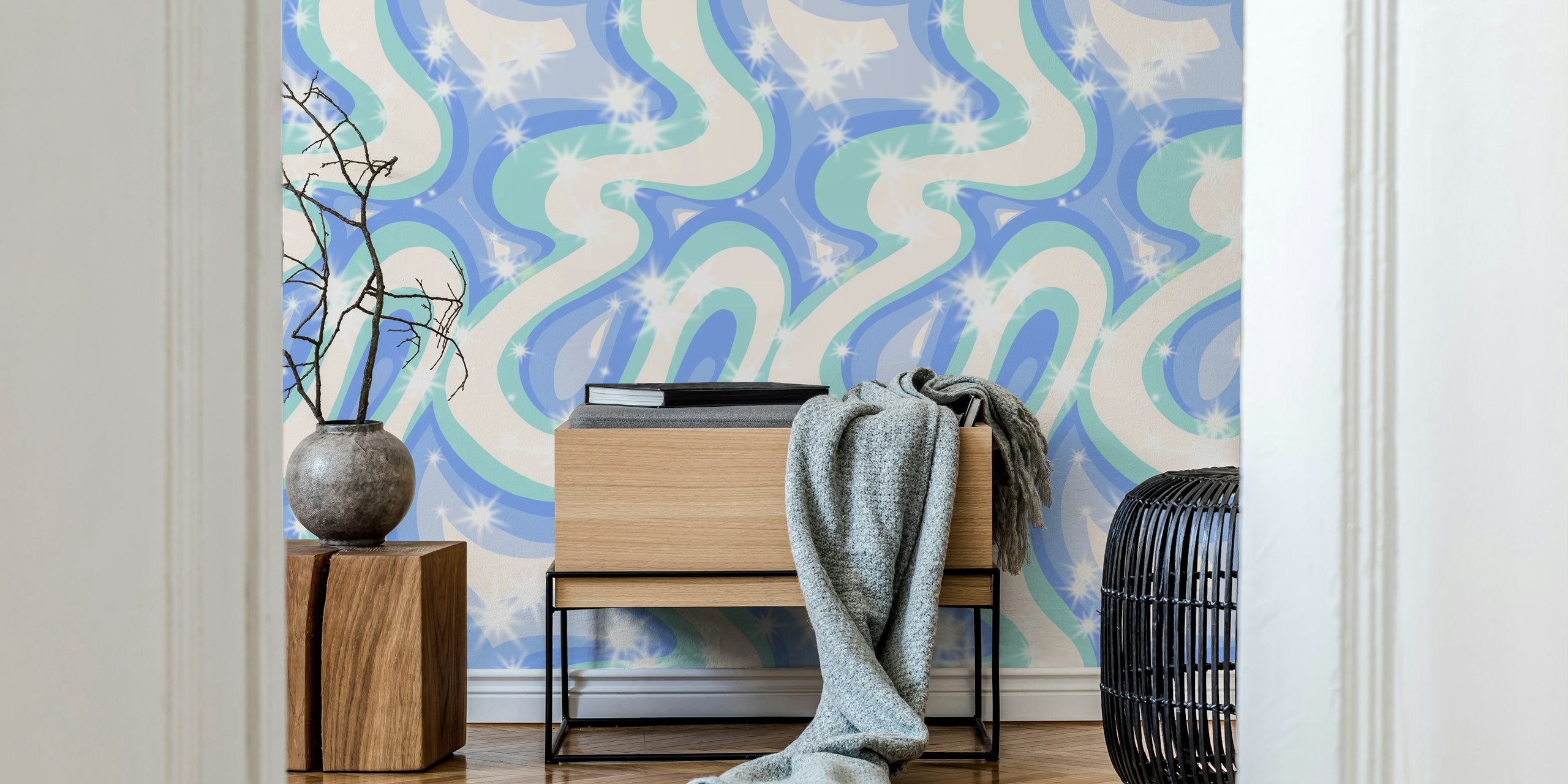 Papier peint Groovy retro swirls blue dans une pièce