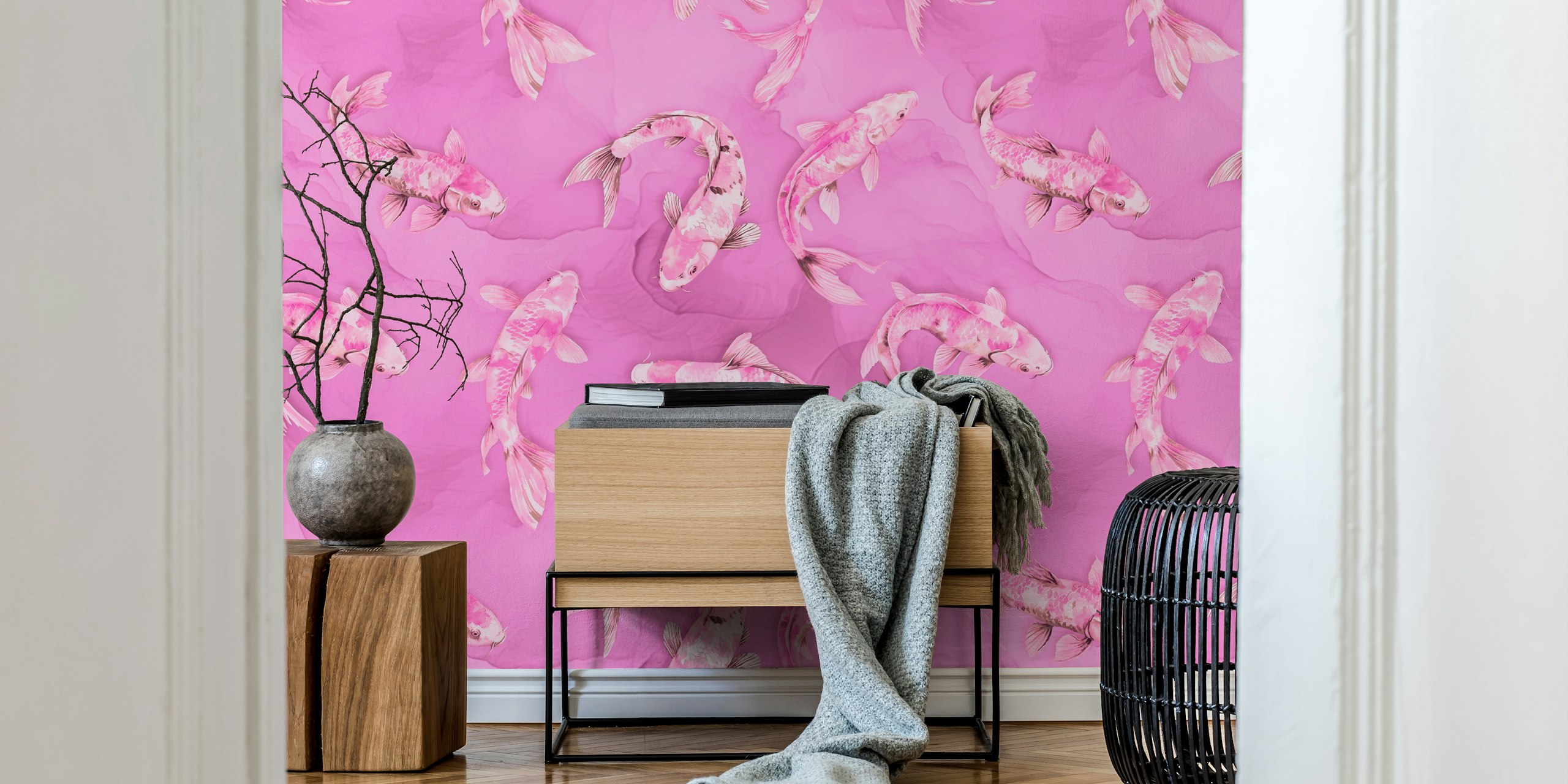 Floating Koi Fish Asia Inspired Pattern Pink in una stanza
