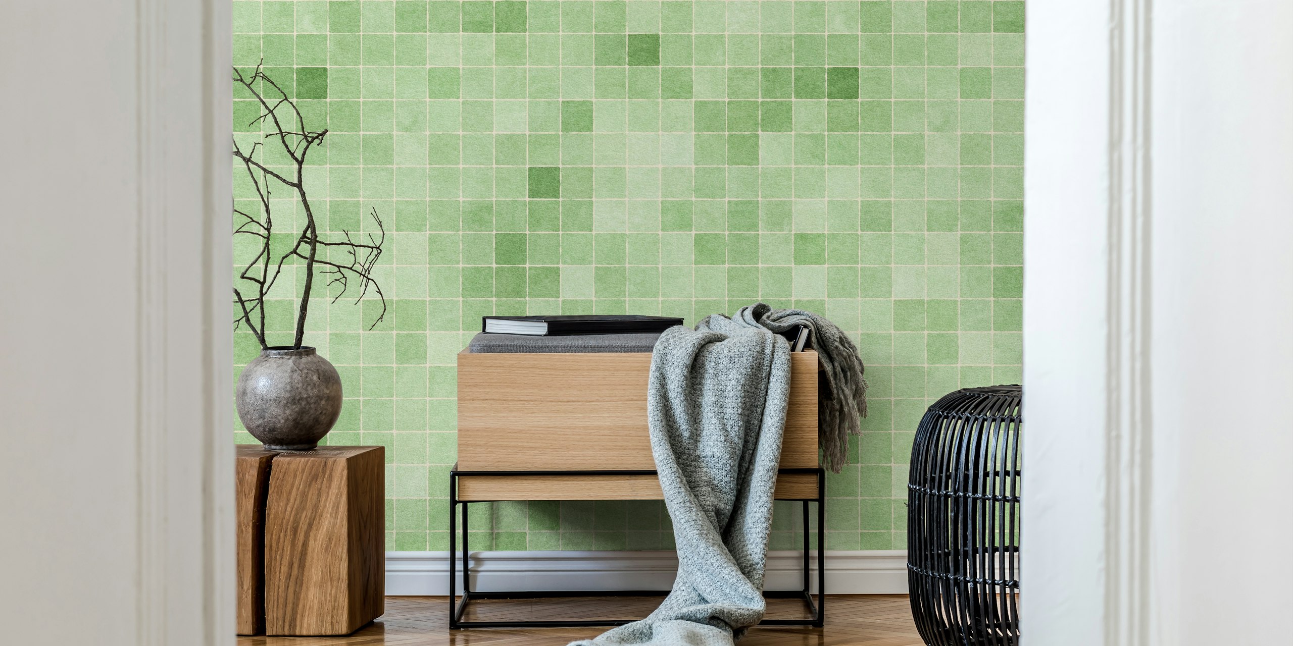 Green mosaic tile pattern wallpaper for modern decor