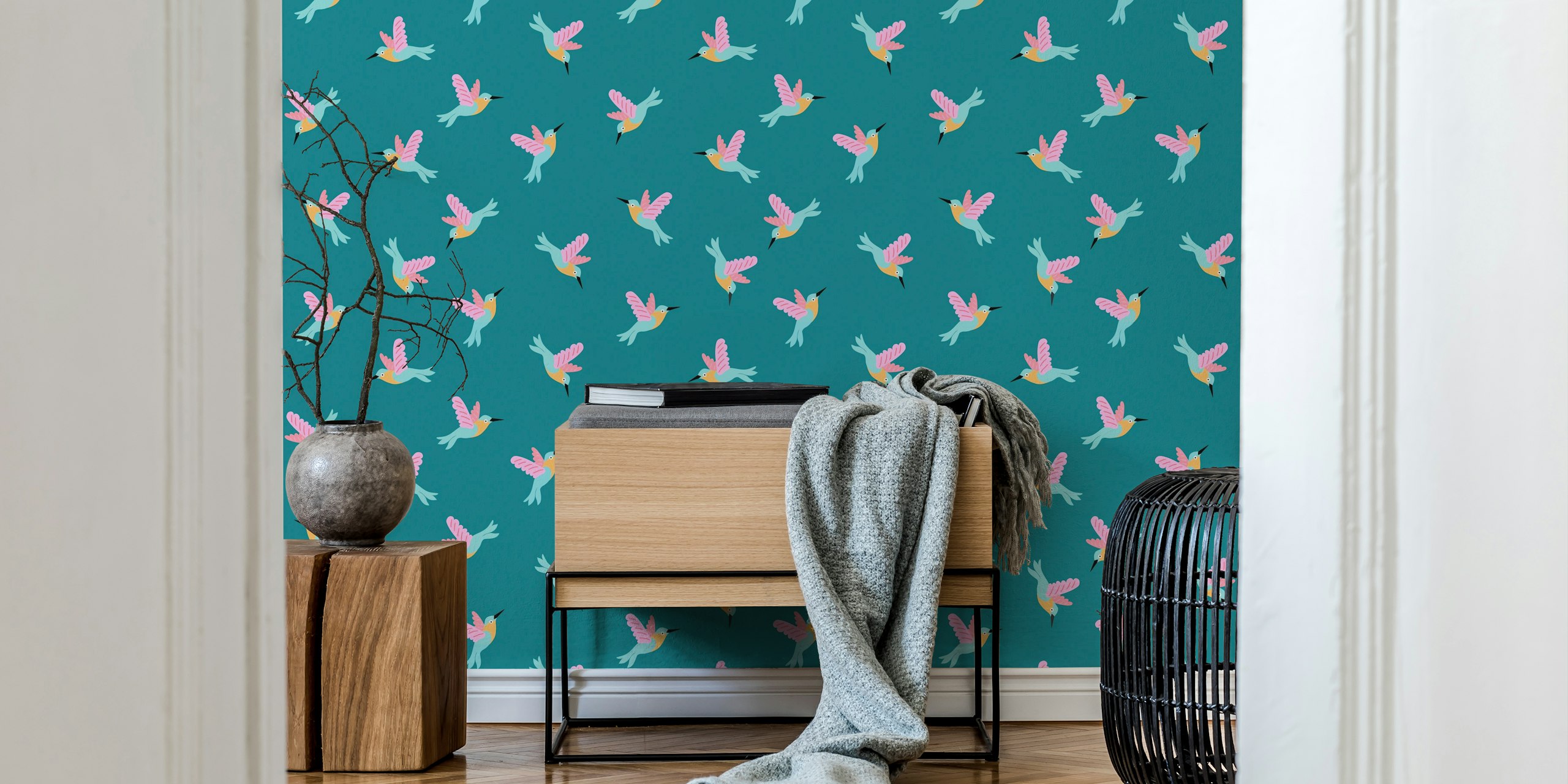 Wallpaper featuring hummingbirds on dark teal