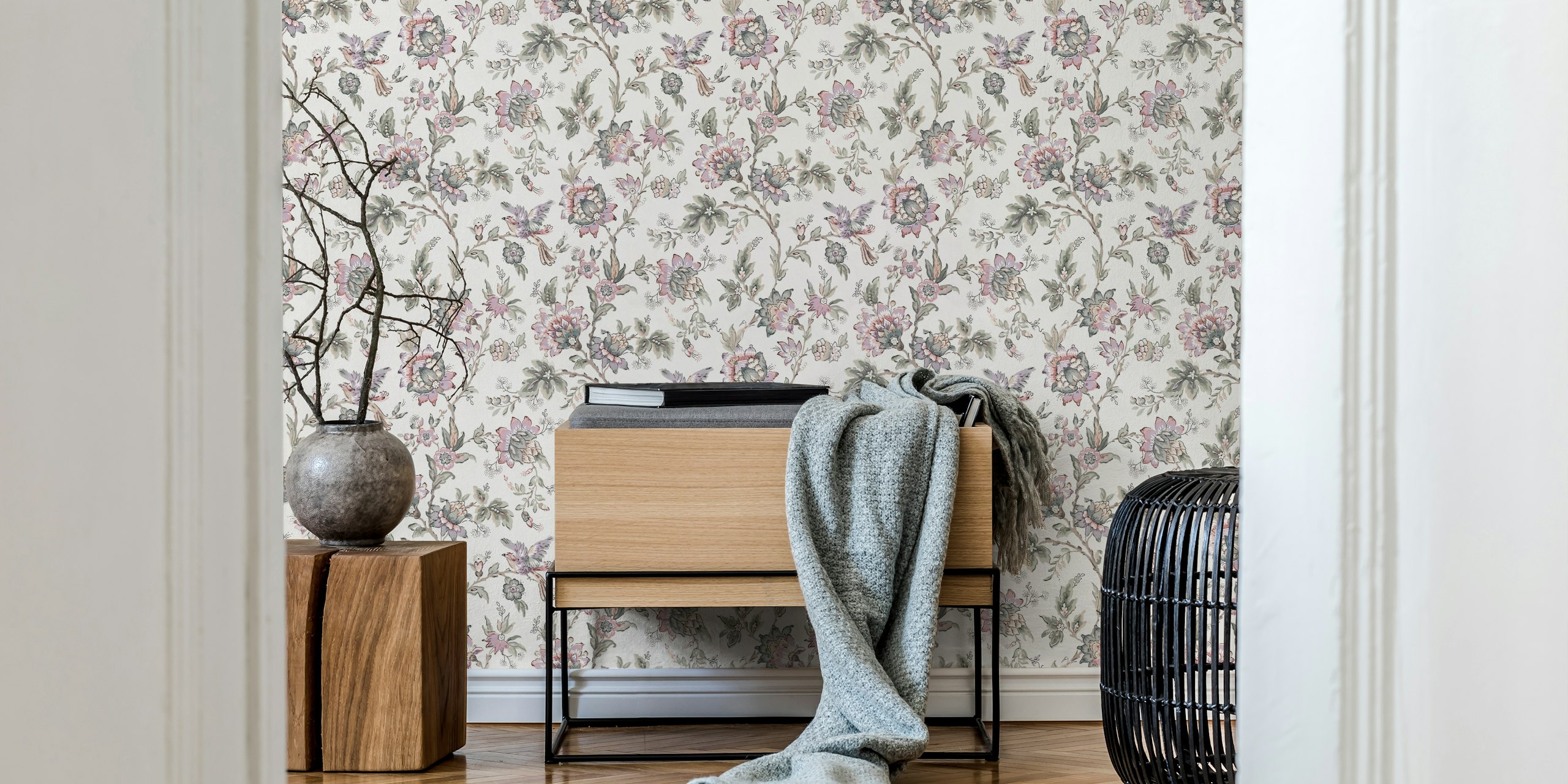 Vintage floral pattern wallpaper featuring grey and purple flowers