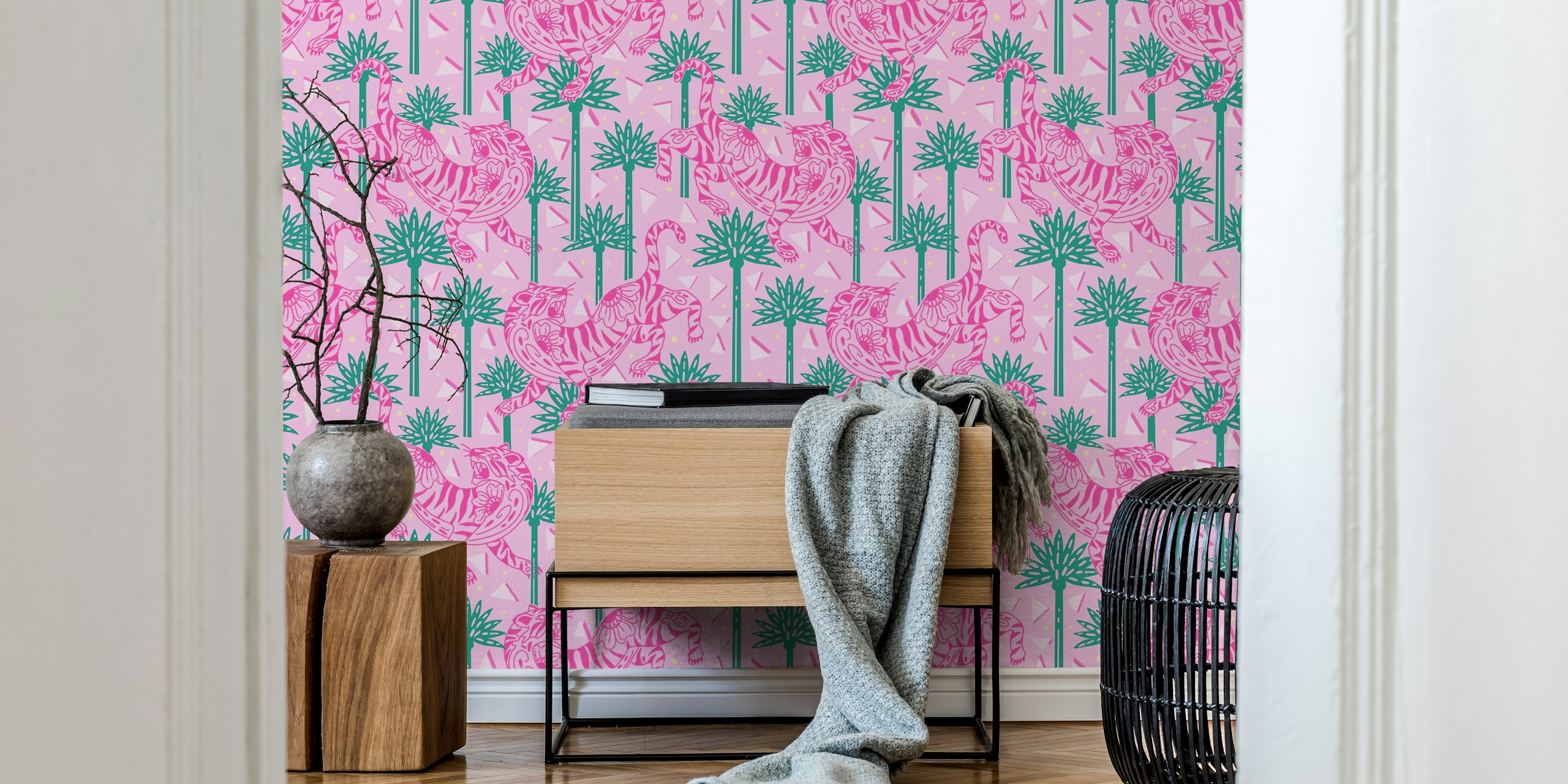 Pink tiger with flowers and green palms pattern wallpaper