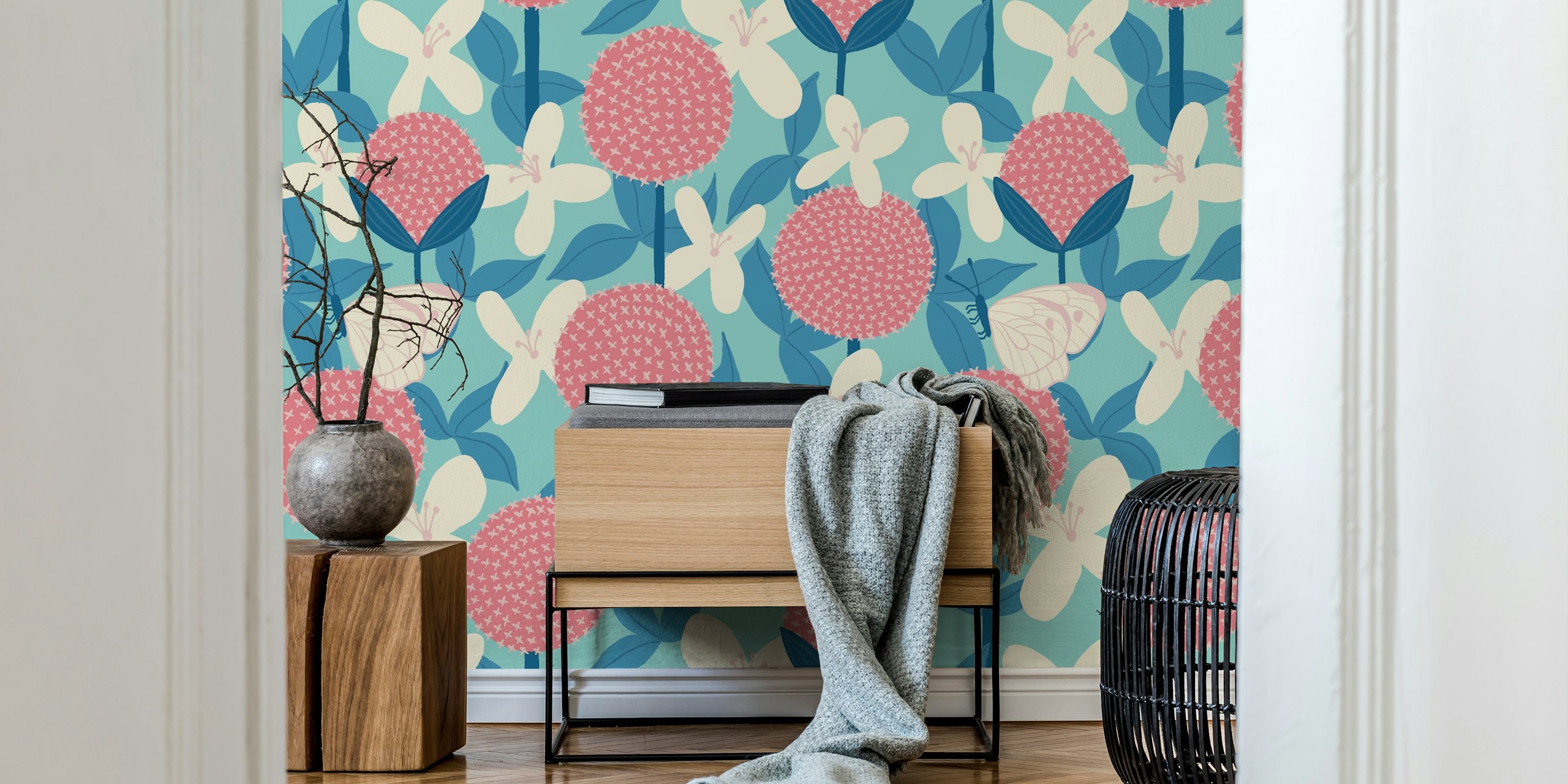 Allium and Clematis wallpaper design in a room