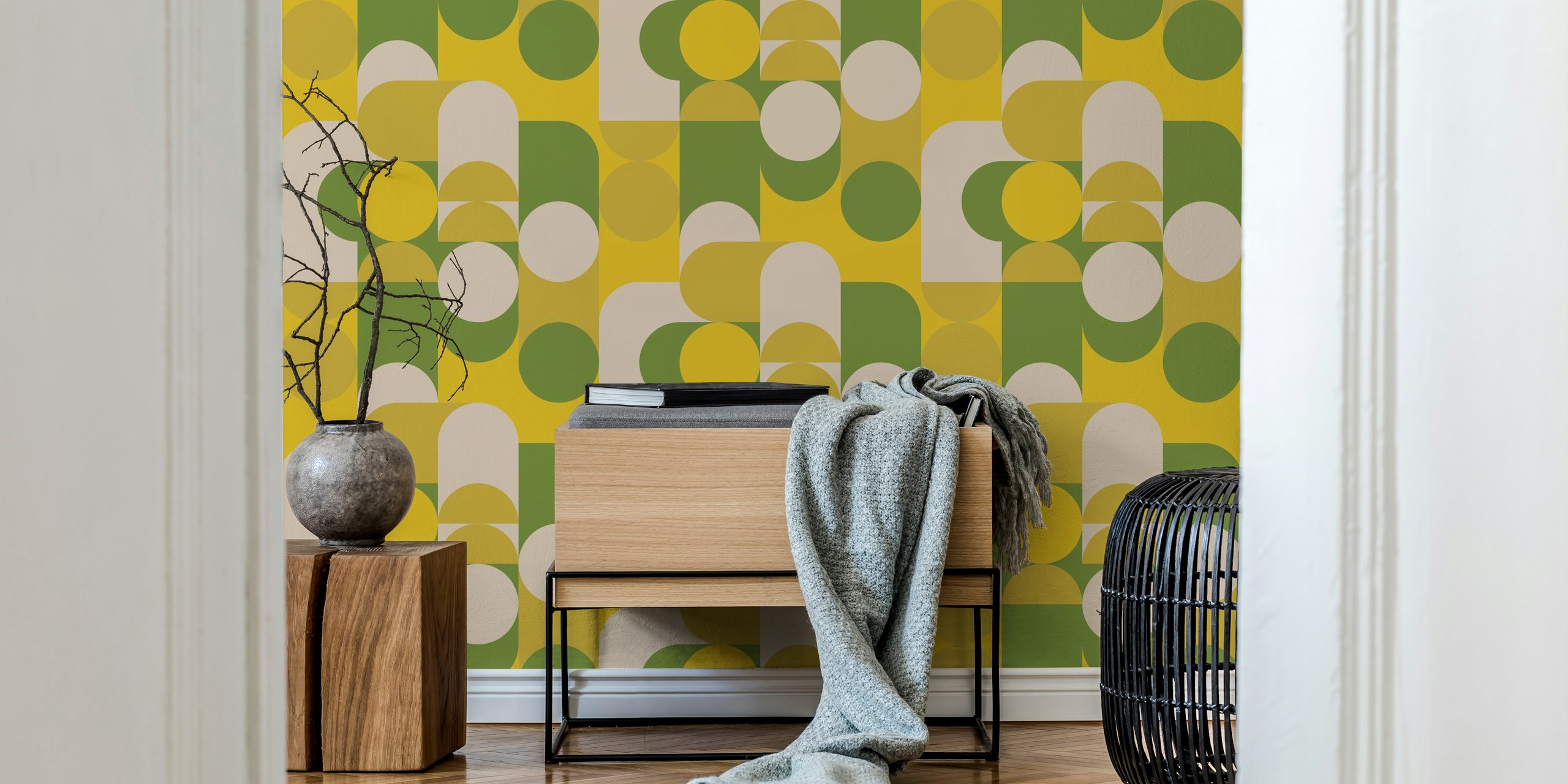 Geometric shapes in green, yellow, and cream wallpaper