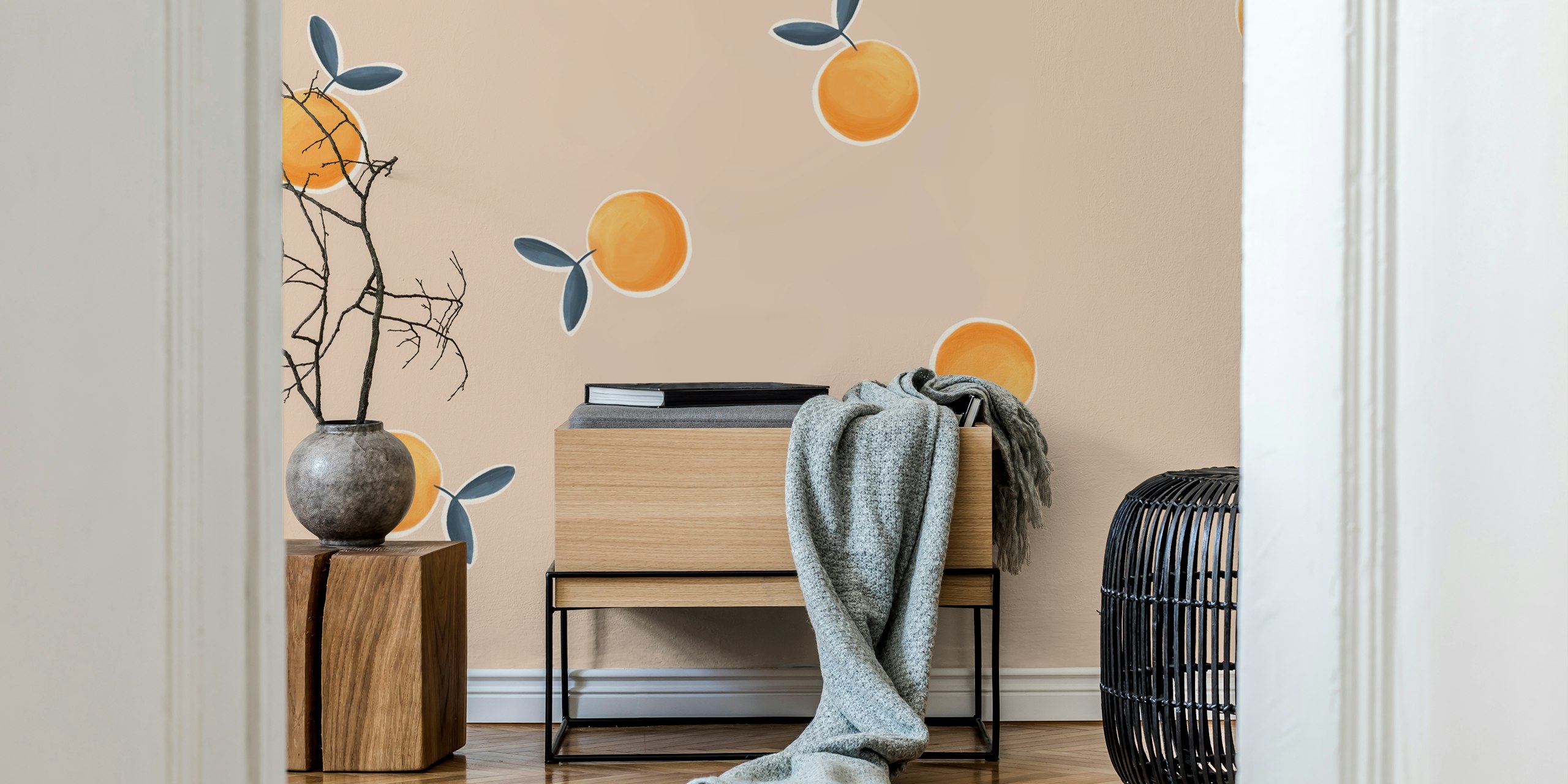 Orange fruit pattern on beige background wallpaper