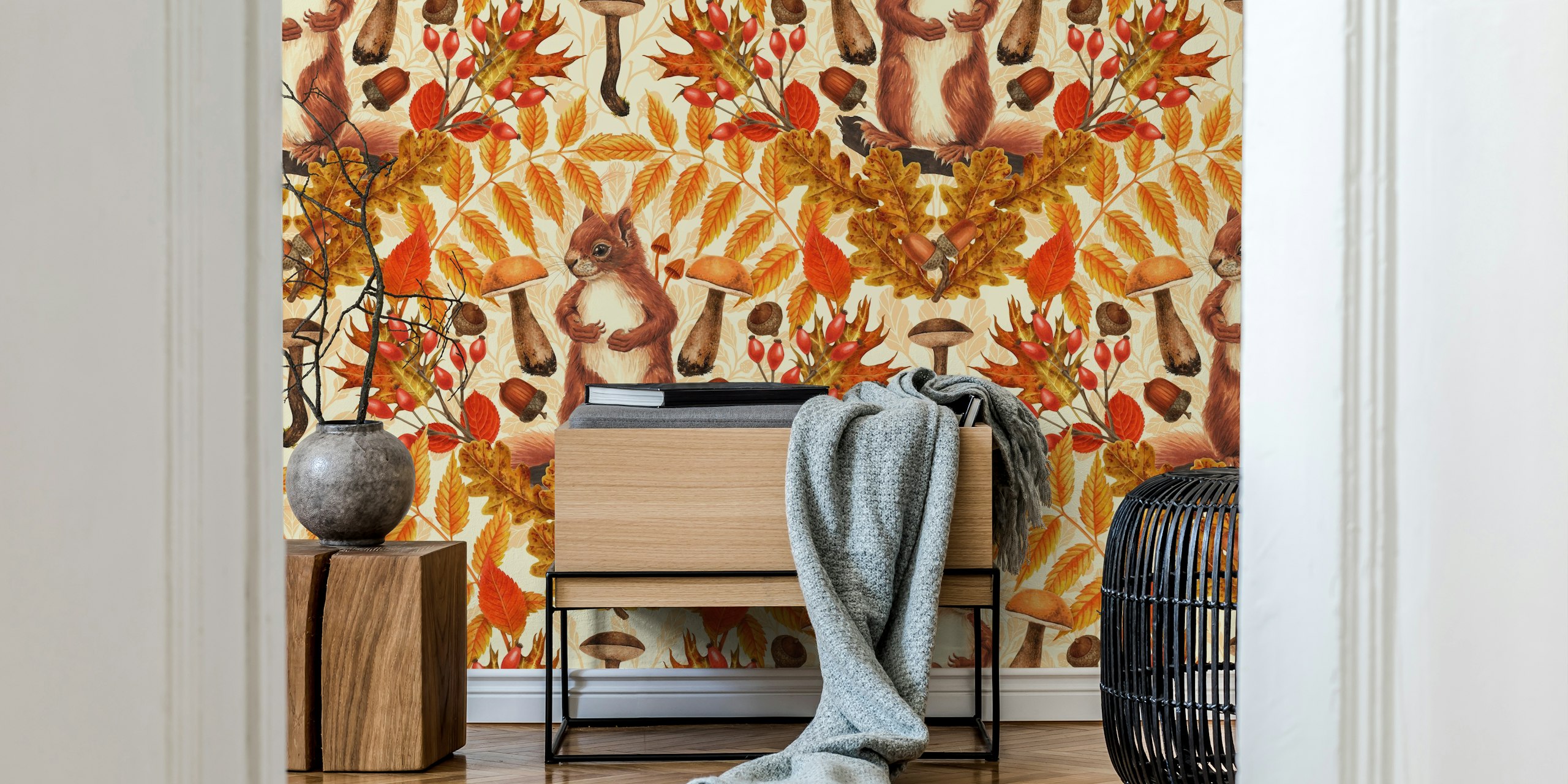 Autumn squirrel wallpaper in a room