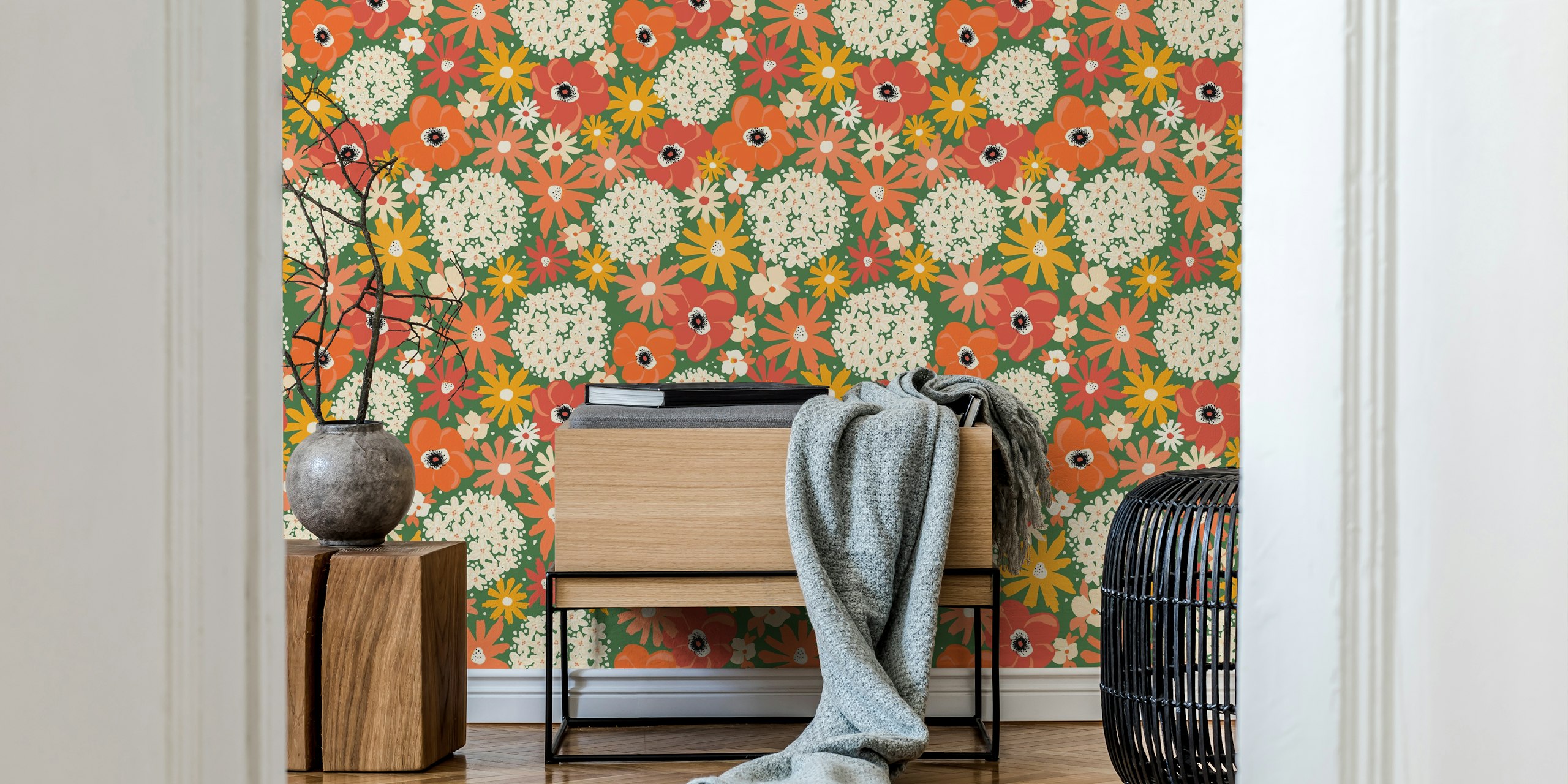 Mixed summer florals wallpaper in a room