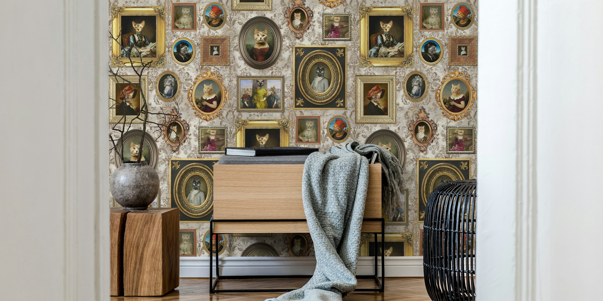 Cat Lover Portrait Collection-vægmaleri med katteportrætter i vintage-stil i beige og cremefarvede toner