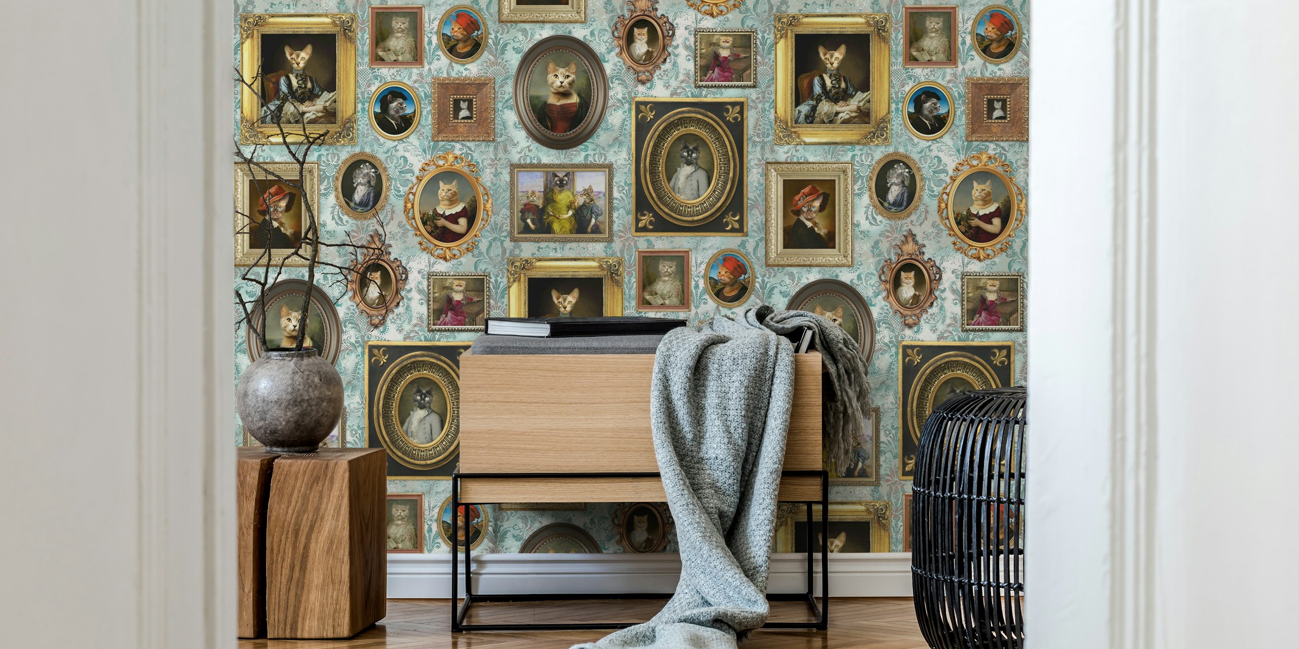 Zidna tapeta s neobičnom mačkom u sobi