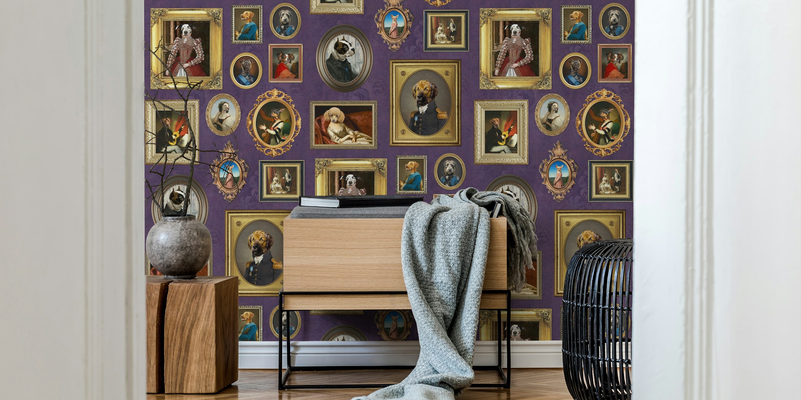 Various dog portraits in oval and rectangular frames on purple wallpaper