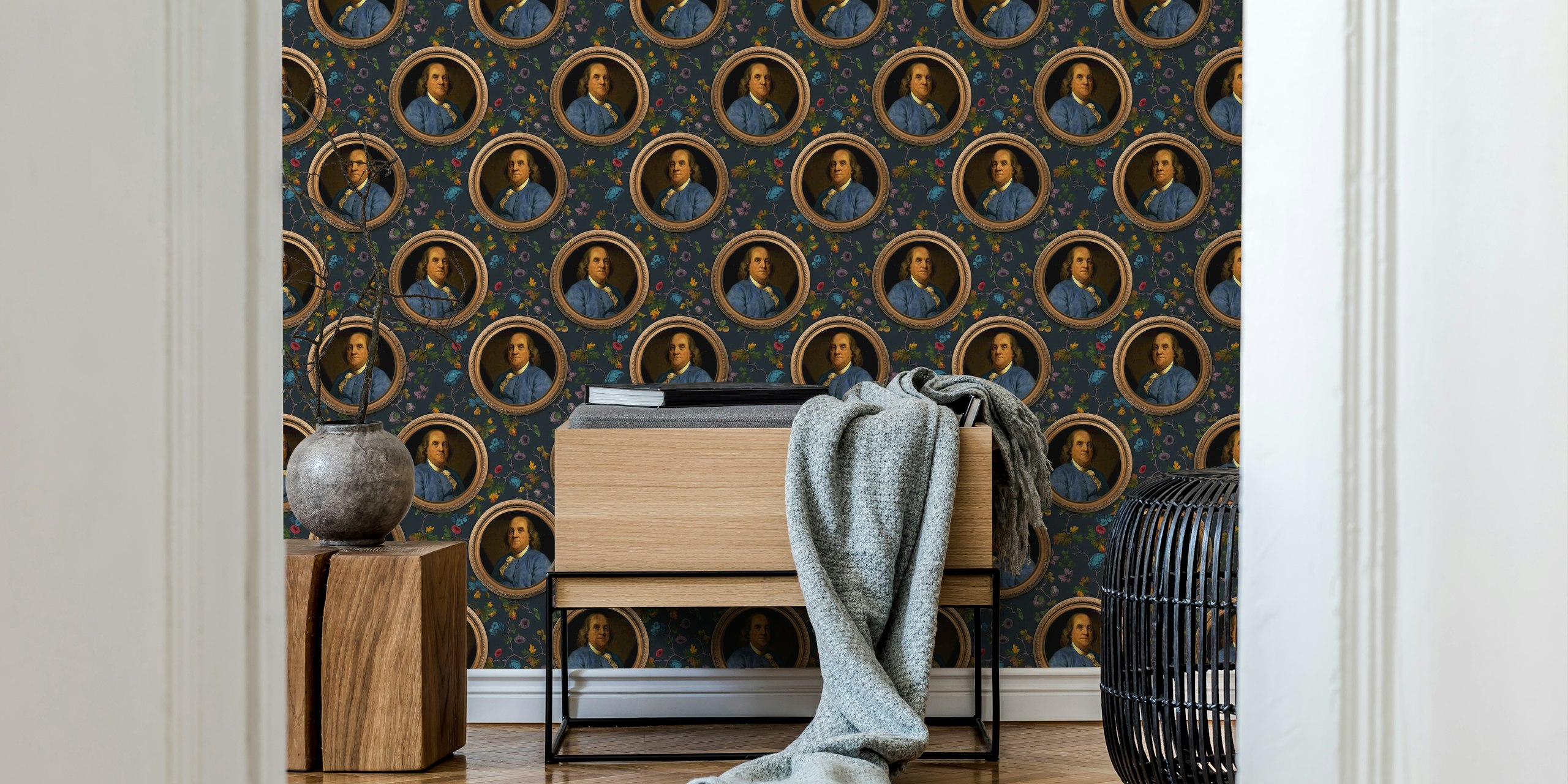 Vintage portraits of Benjamin Franklin surrounded by colorful floral patterns wallpaper
