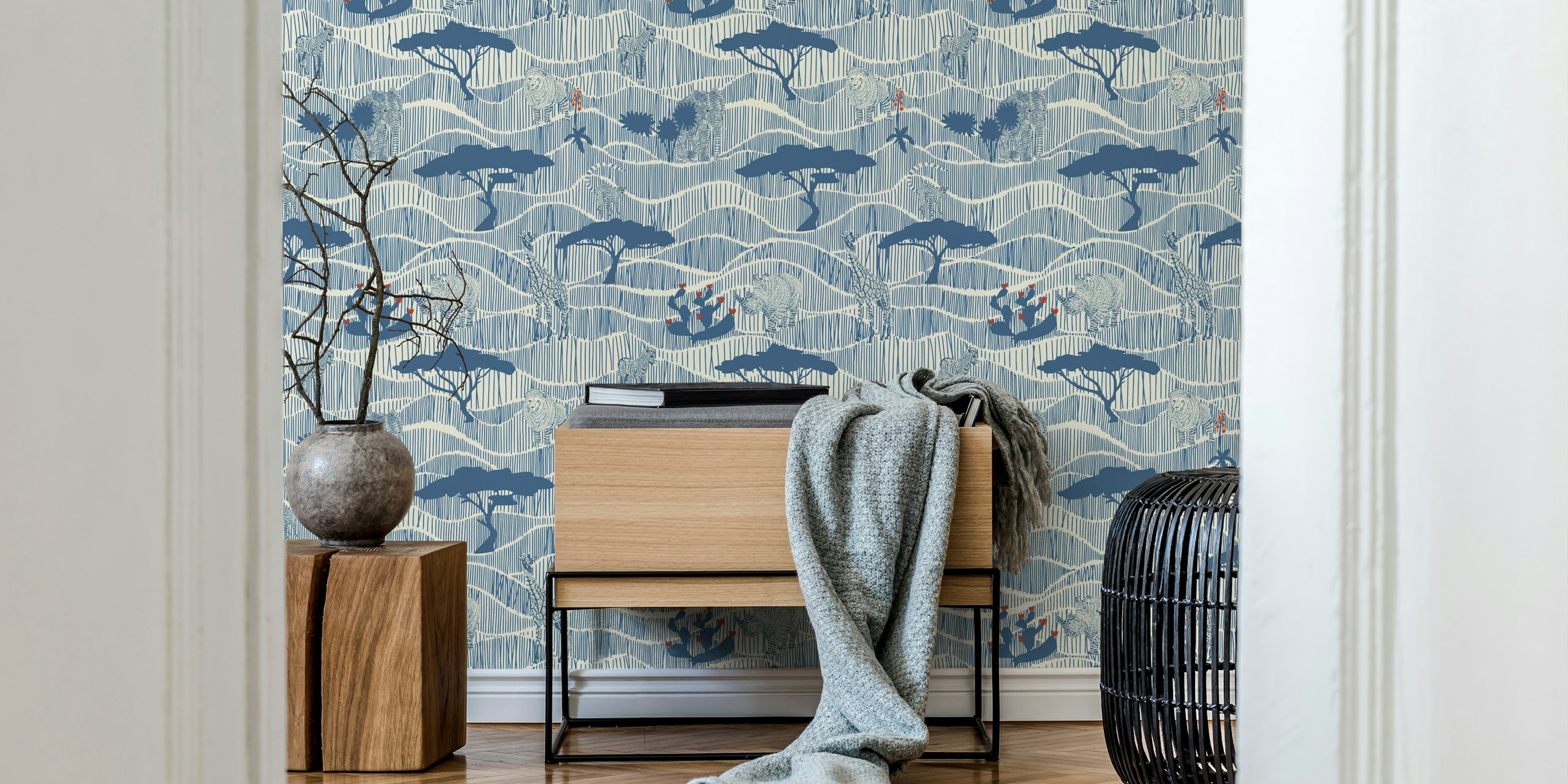 Wildlife Safari Savannah blue wallpaper in a room