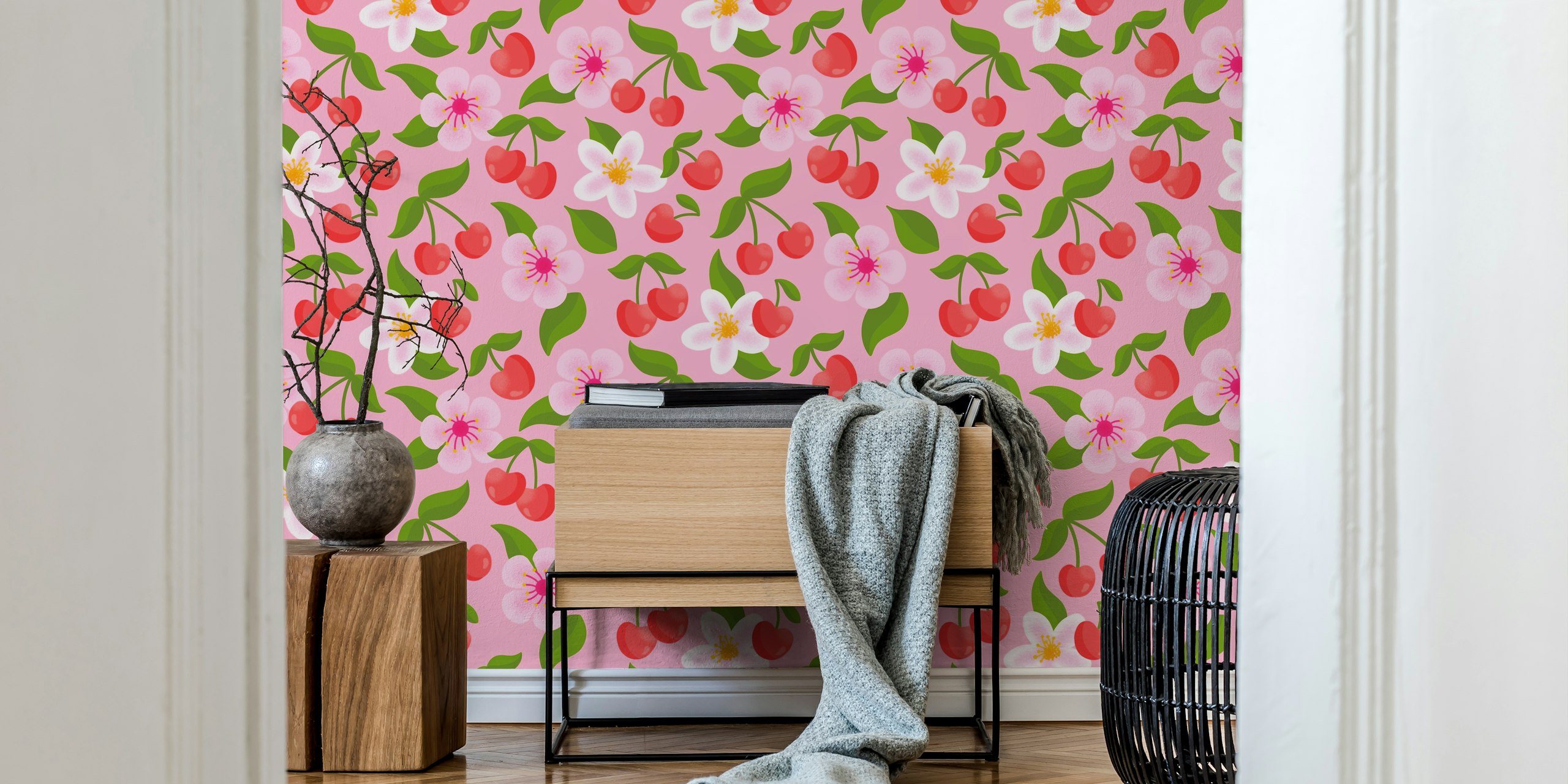 Cherry pattern wallpaper on pink background