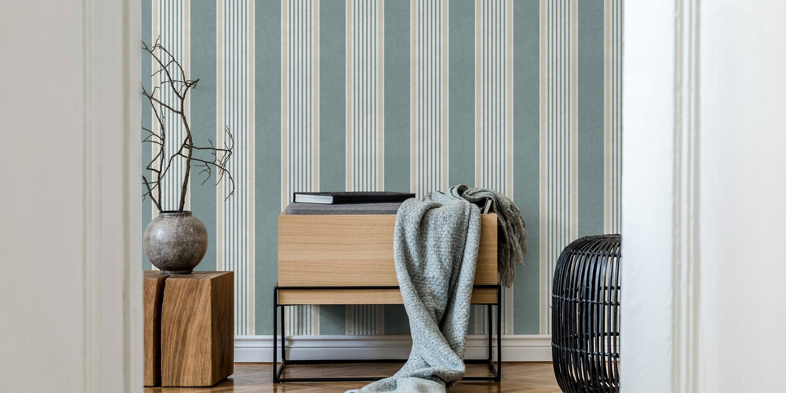 Antique stripes in slate blue and cream wallpaper