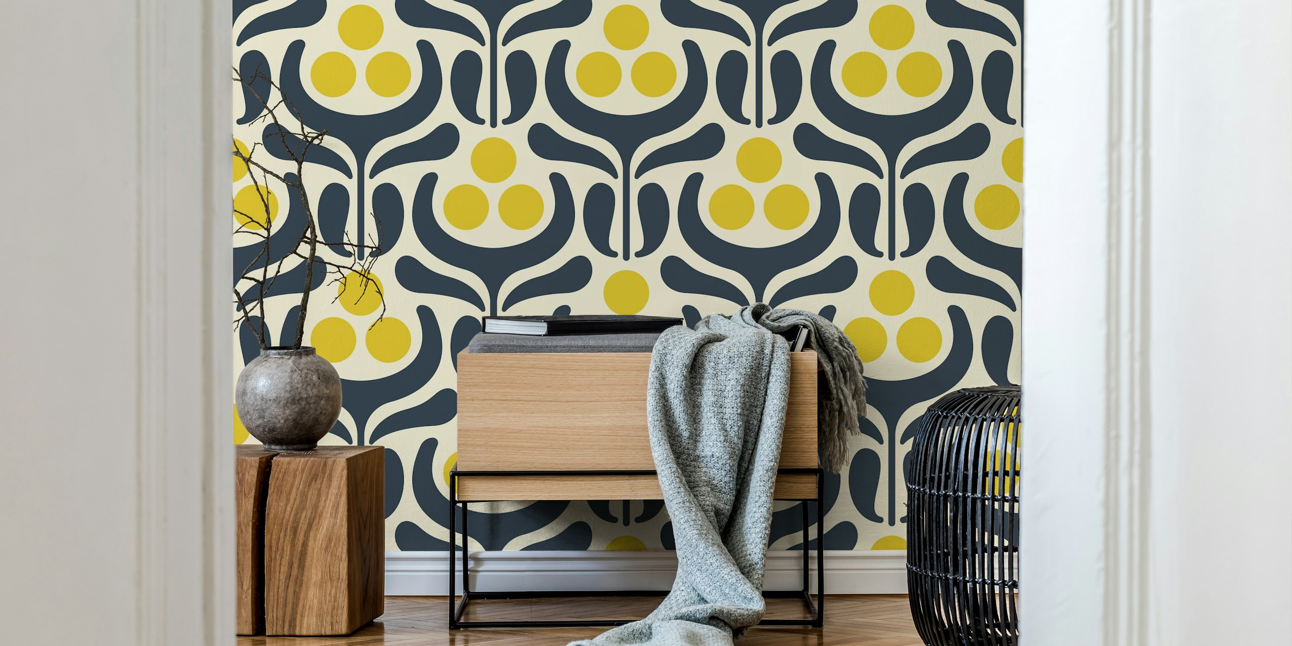 Floral geometric pattern in navy and yellow wallpaper