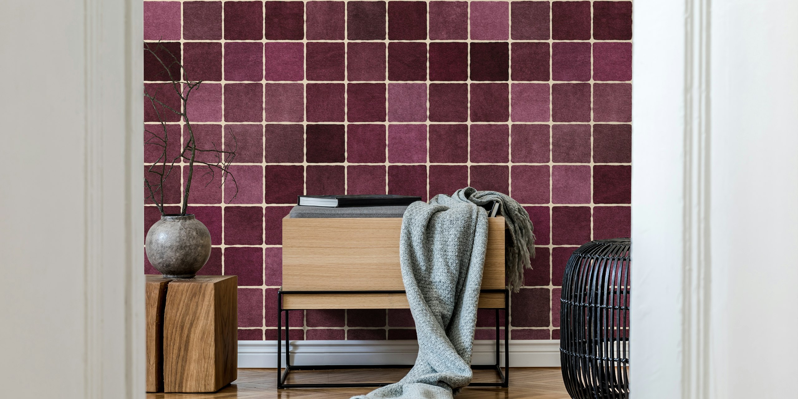 Bordeaux mosaic pattern wallpaper in rich burgundy and purple tones.