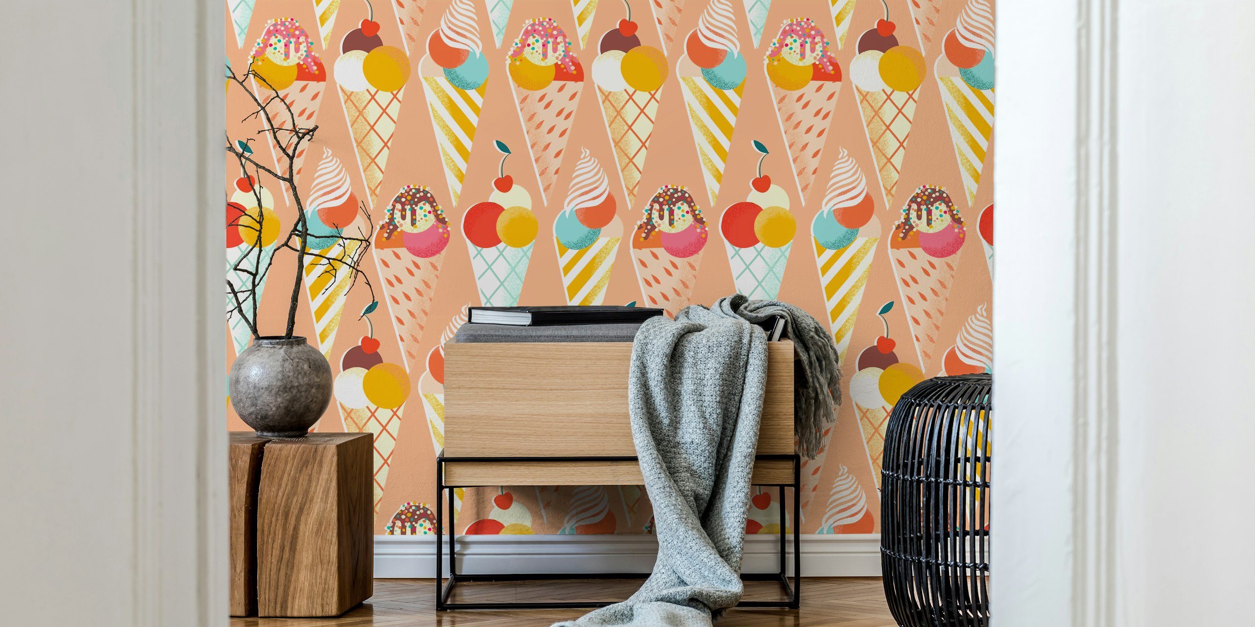 Colorful ice cream cones with cherries and swirls on peach background wallpaper