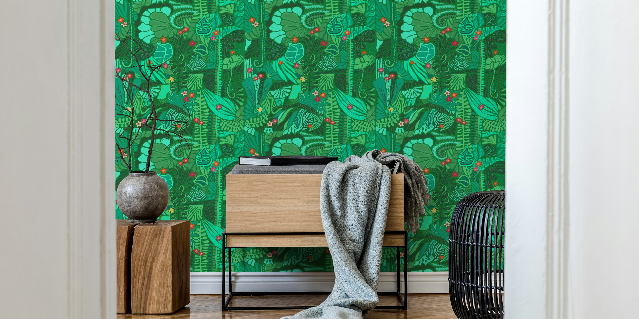 Vibrant green foliage wallpaper in a room
