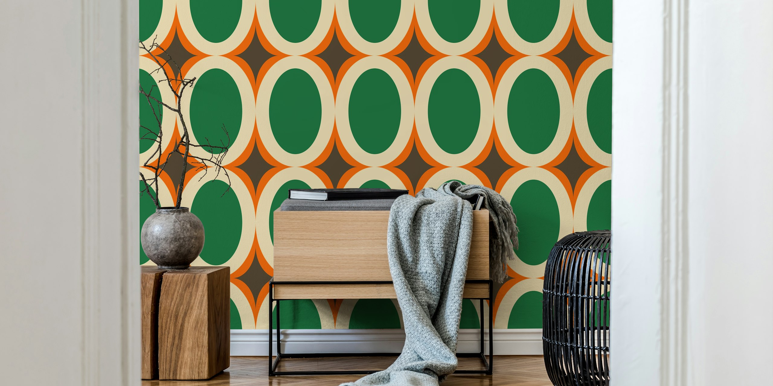 Groovy Starburst Green Orange wallpaper in a room
