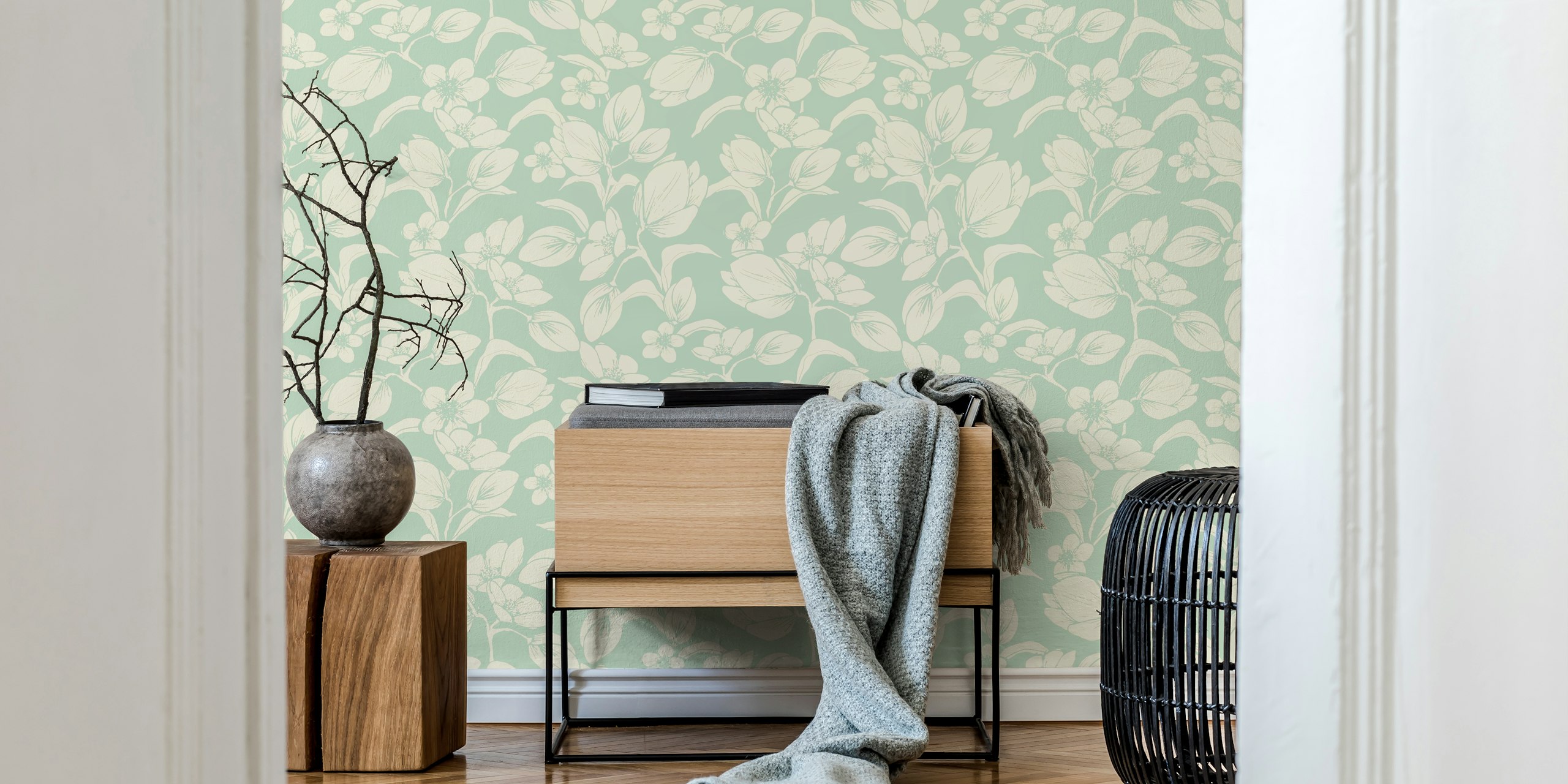 Mint floral wallpaper with magnolias and smaller flowers, elegant design