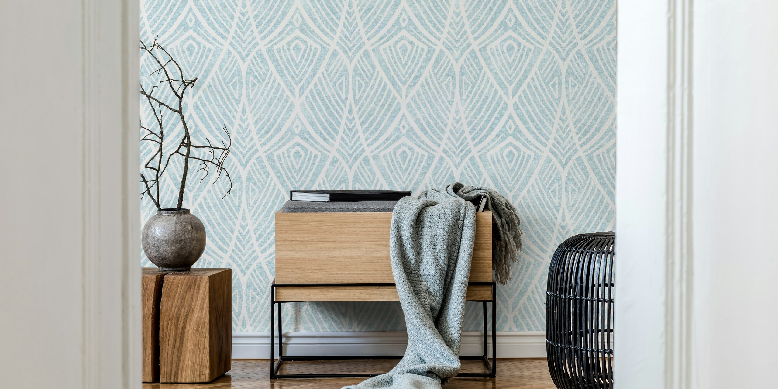 Art deco linework wallpaper in grey blue