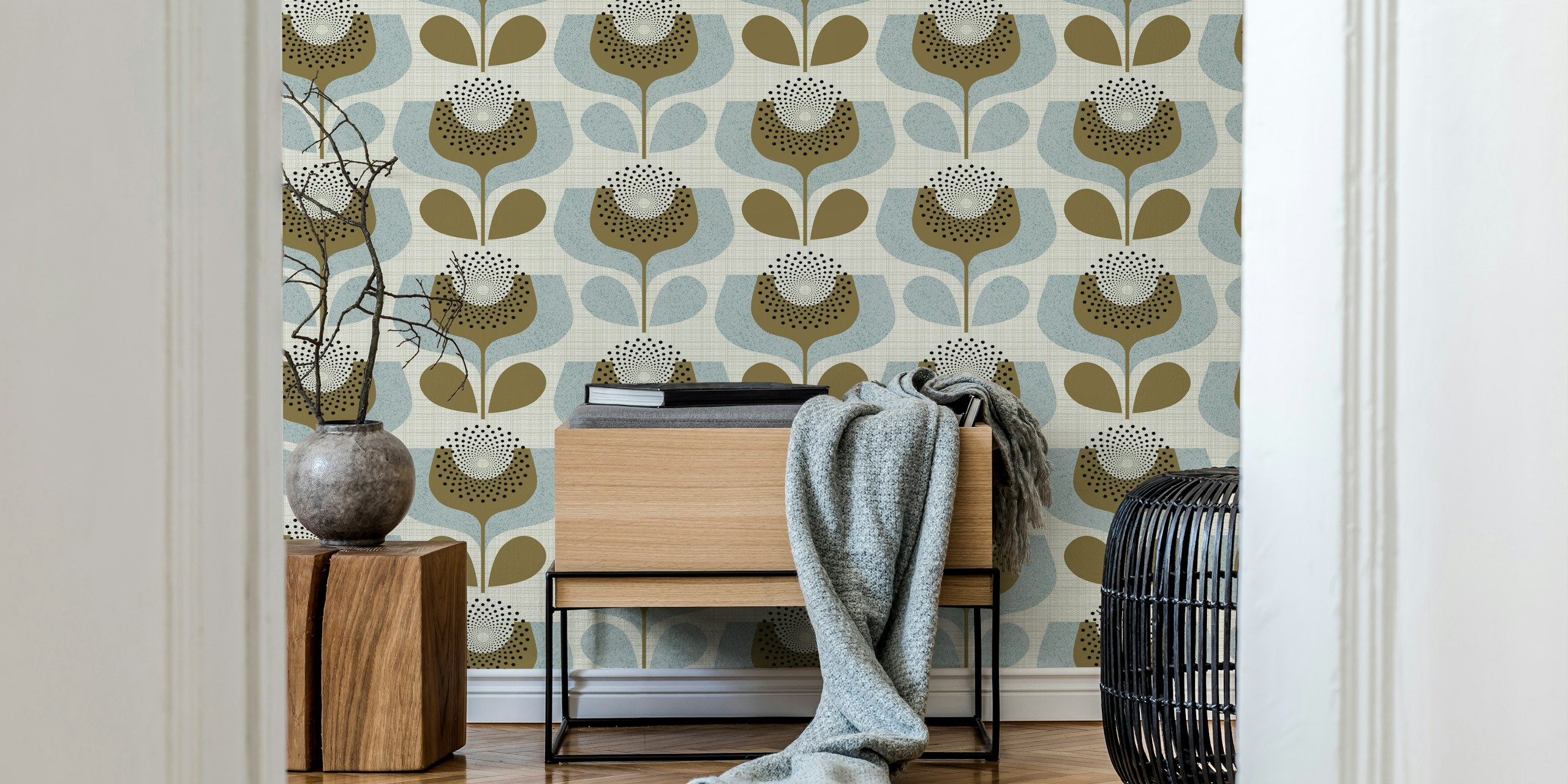Mid century floral design featuring blue and brown abstract blooms wallpaper
