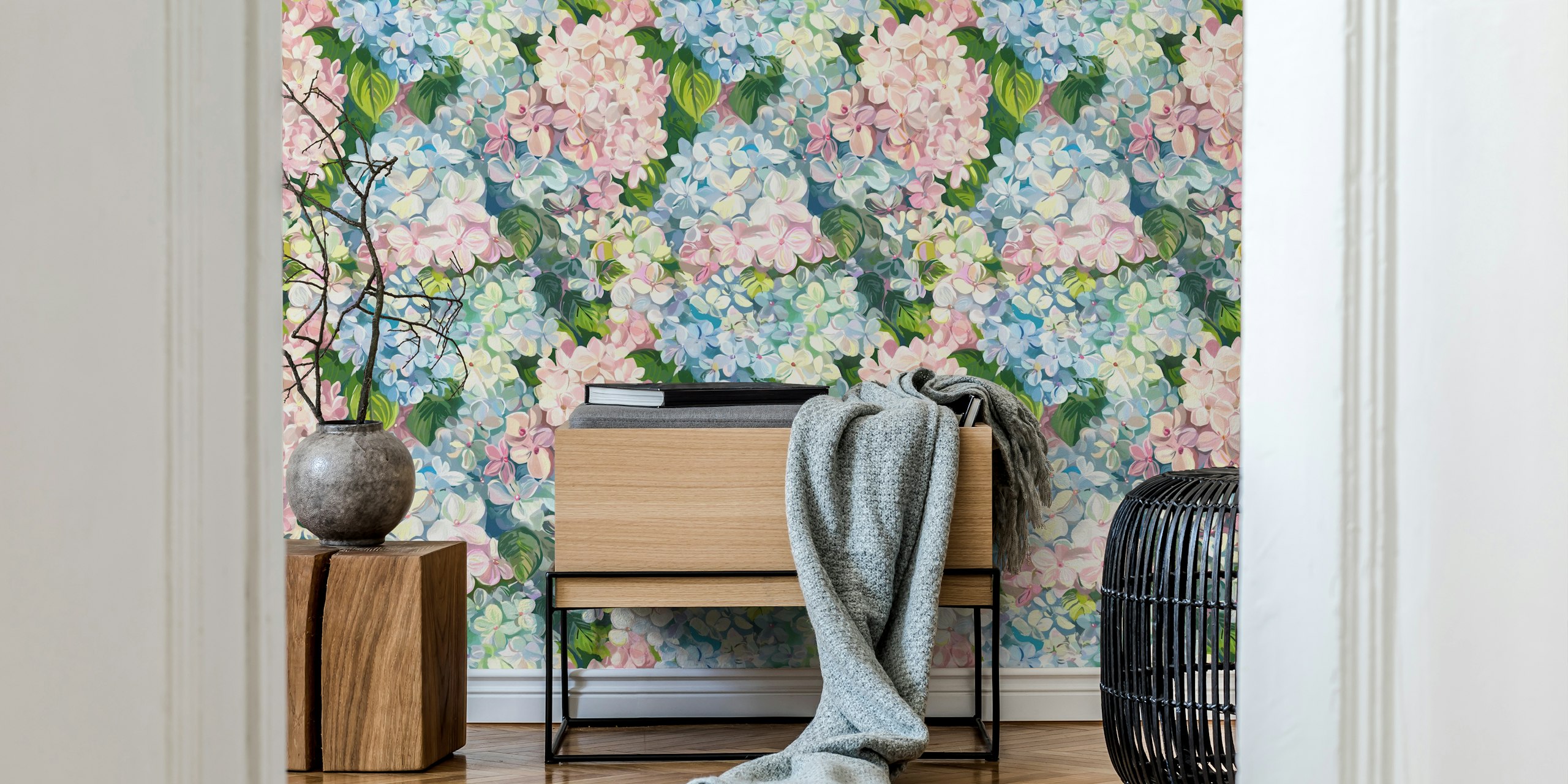 Bubblegum Hydrangea Vintage Art wallpaper in a room