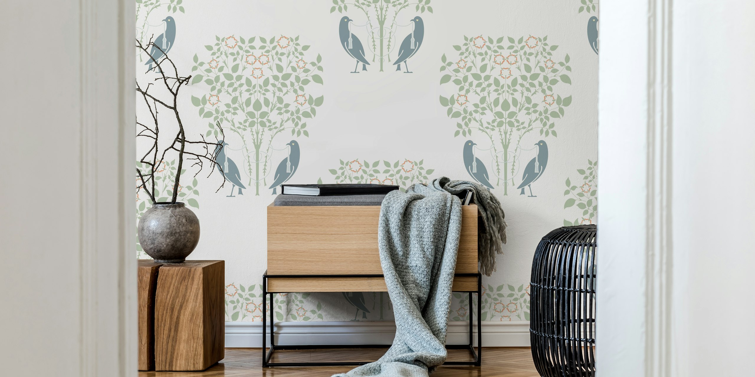 Design de papel de parede vintage Art Nouveau Birds and Roses
