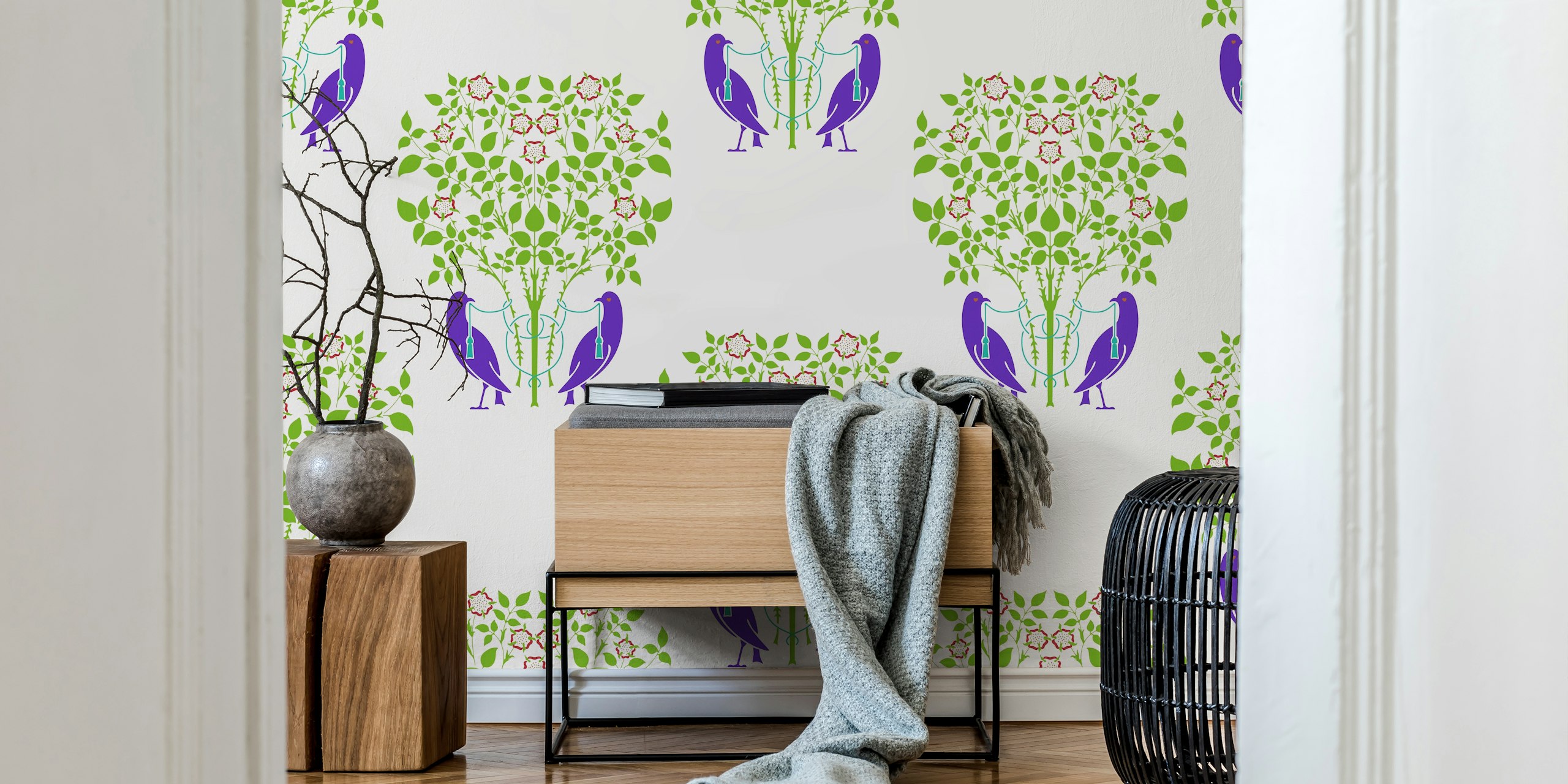Art Nouveau Birds and Roses behang in een kamer