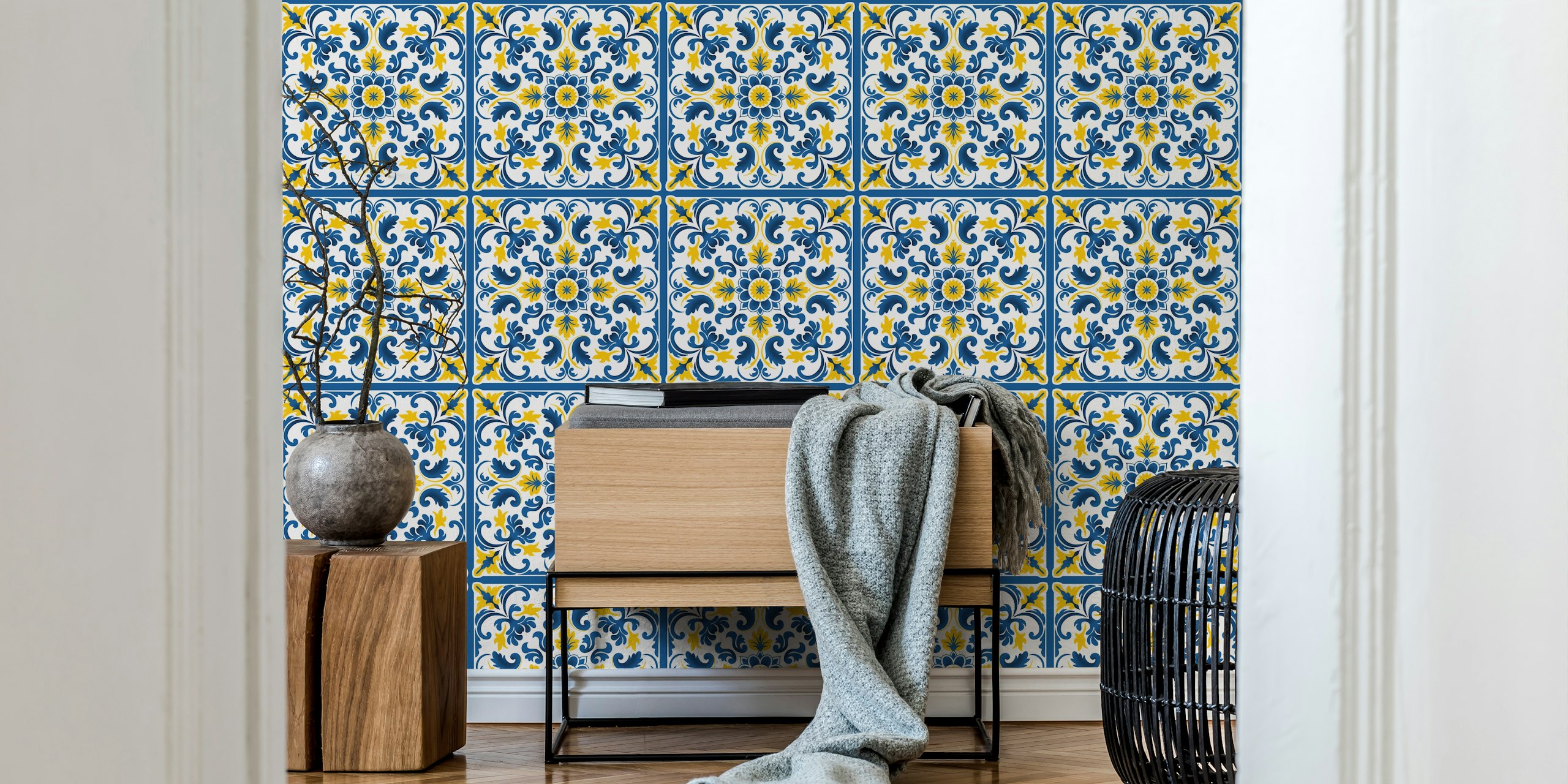 Yellow and blue ceramic tile wallpaper in a room