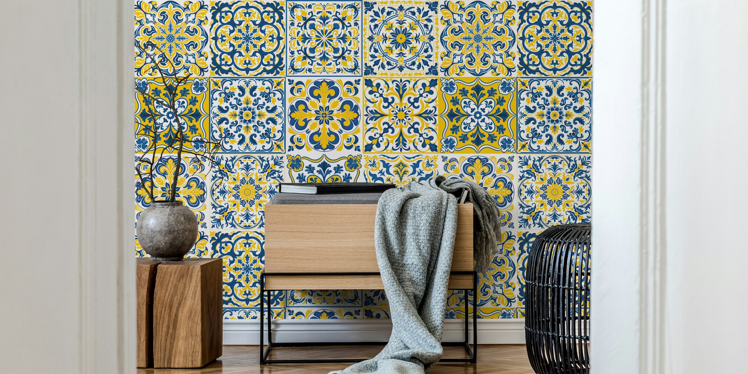 Gemengde keramische tegels muurschildering met gele en blauwe patronen