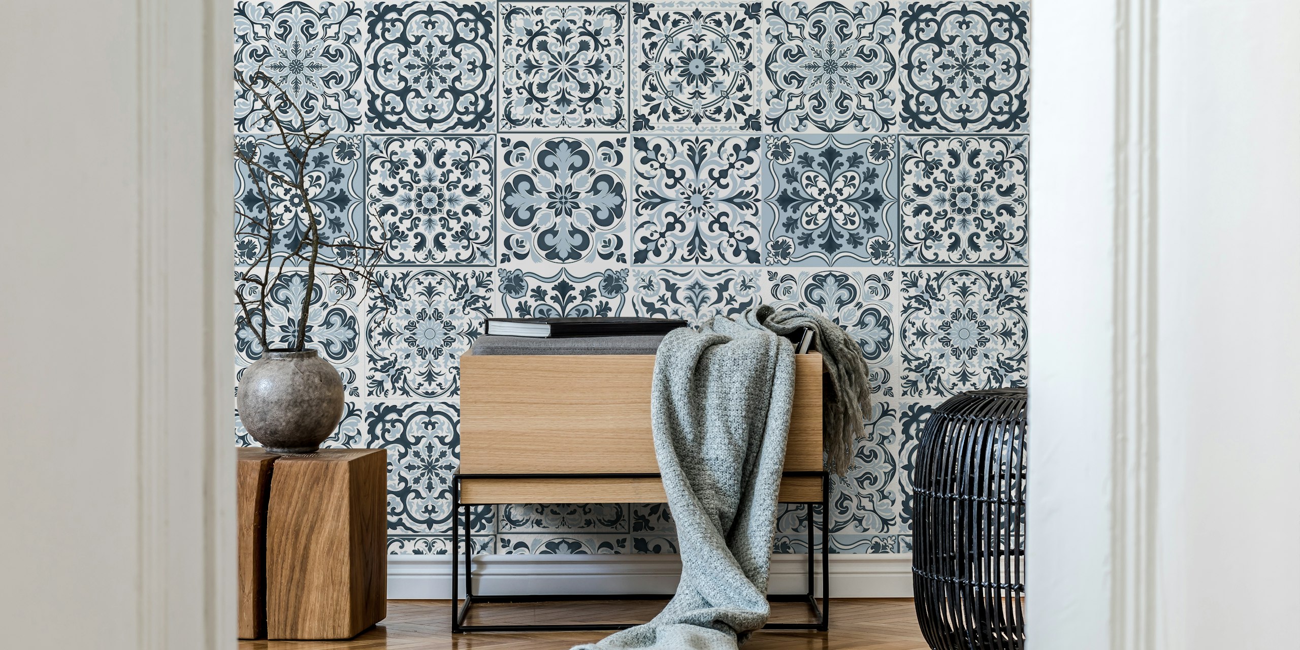 Mixed ceramic tiles wallpaper design in grey