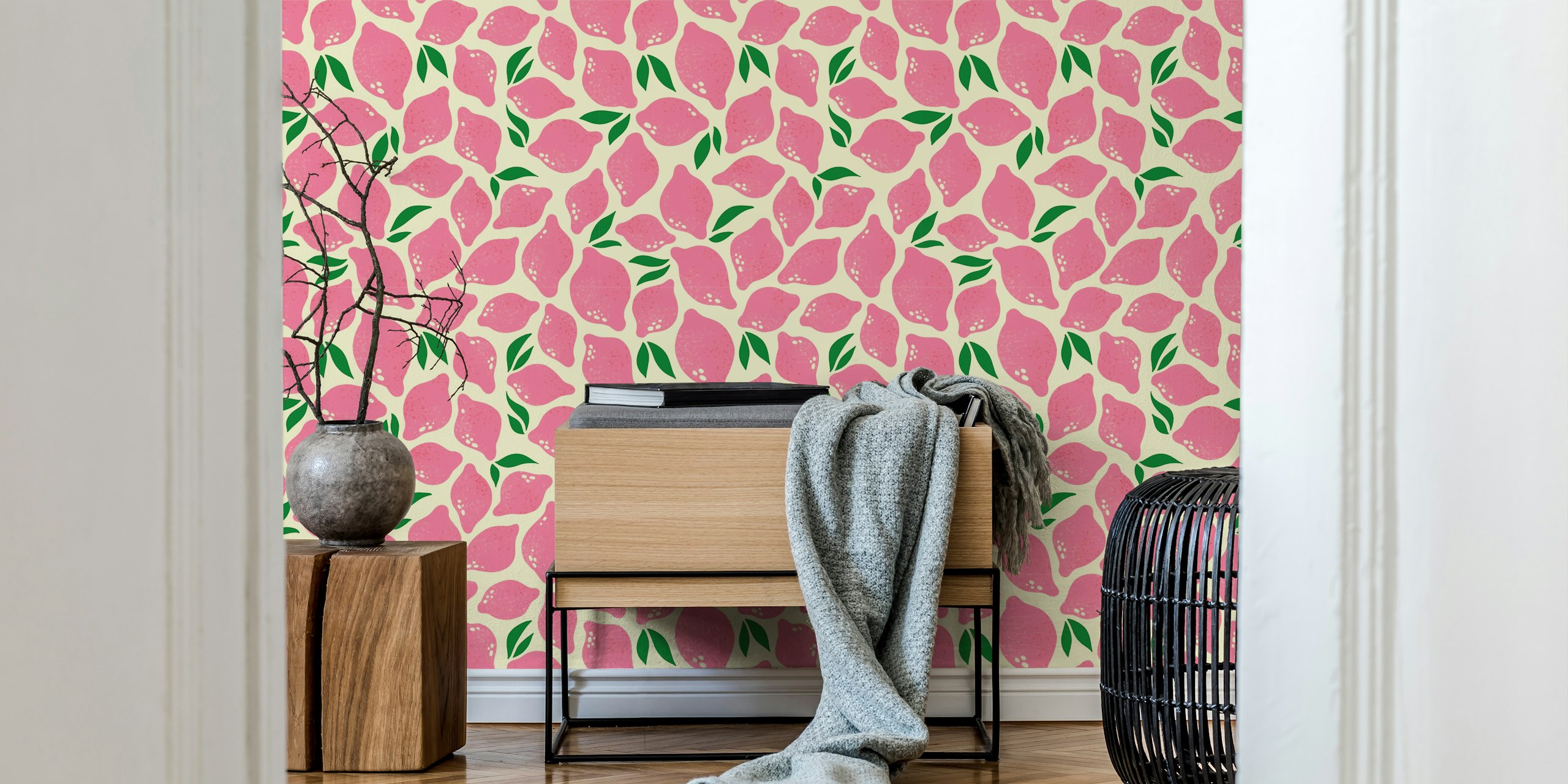 Fotomural vinílico de parede com limão rosa e folhas verdes