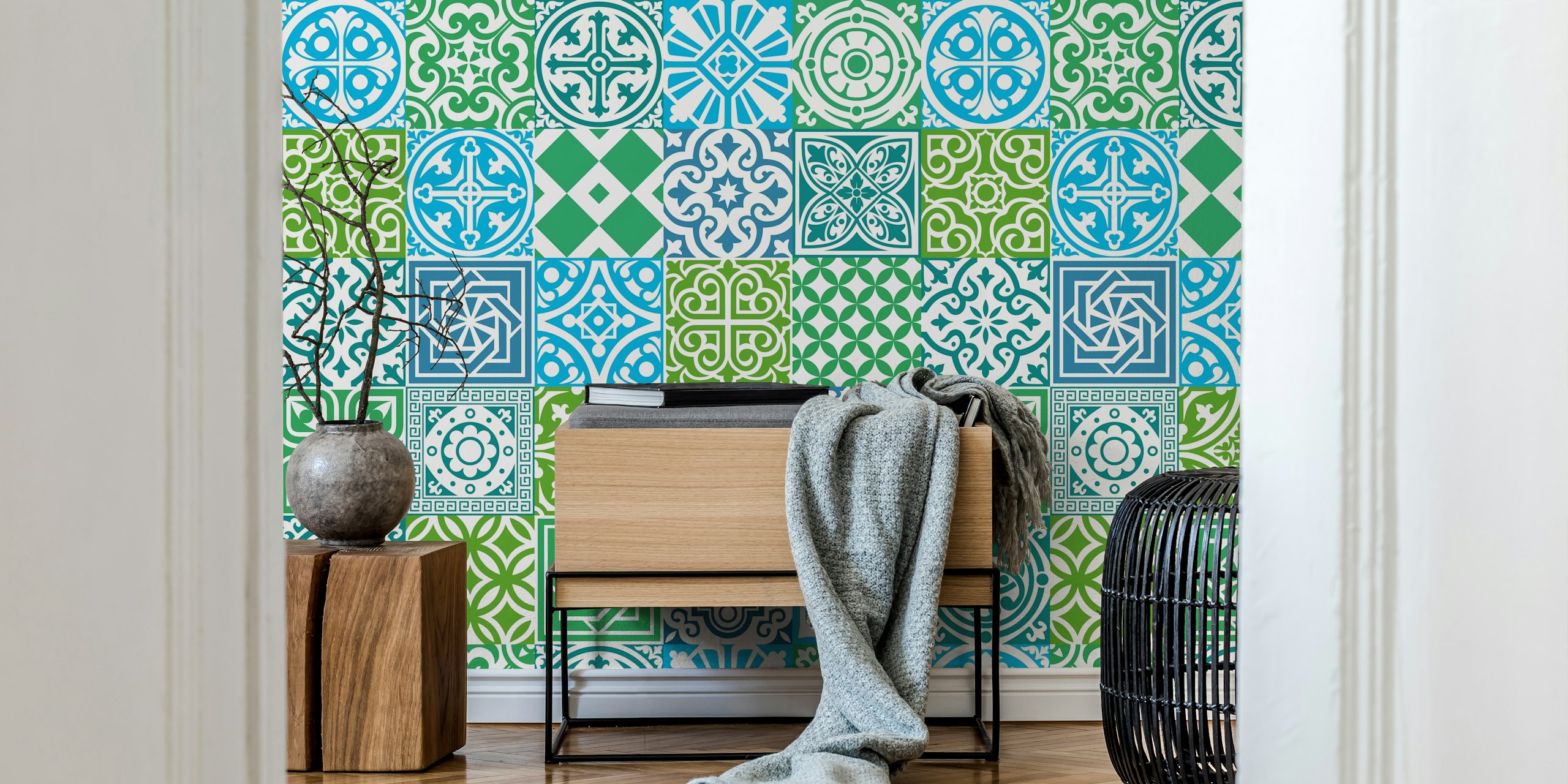 Colorful blue and green Moroccan tile pattern wallpaper