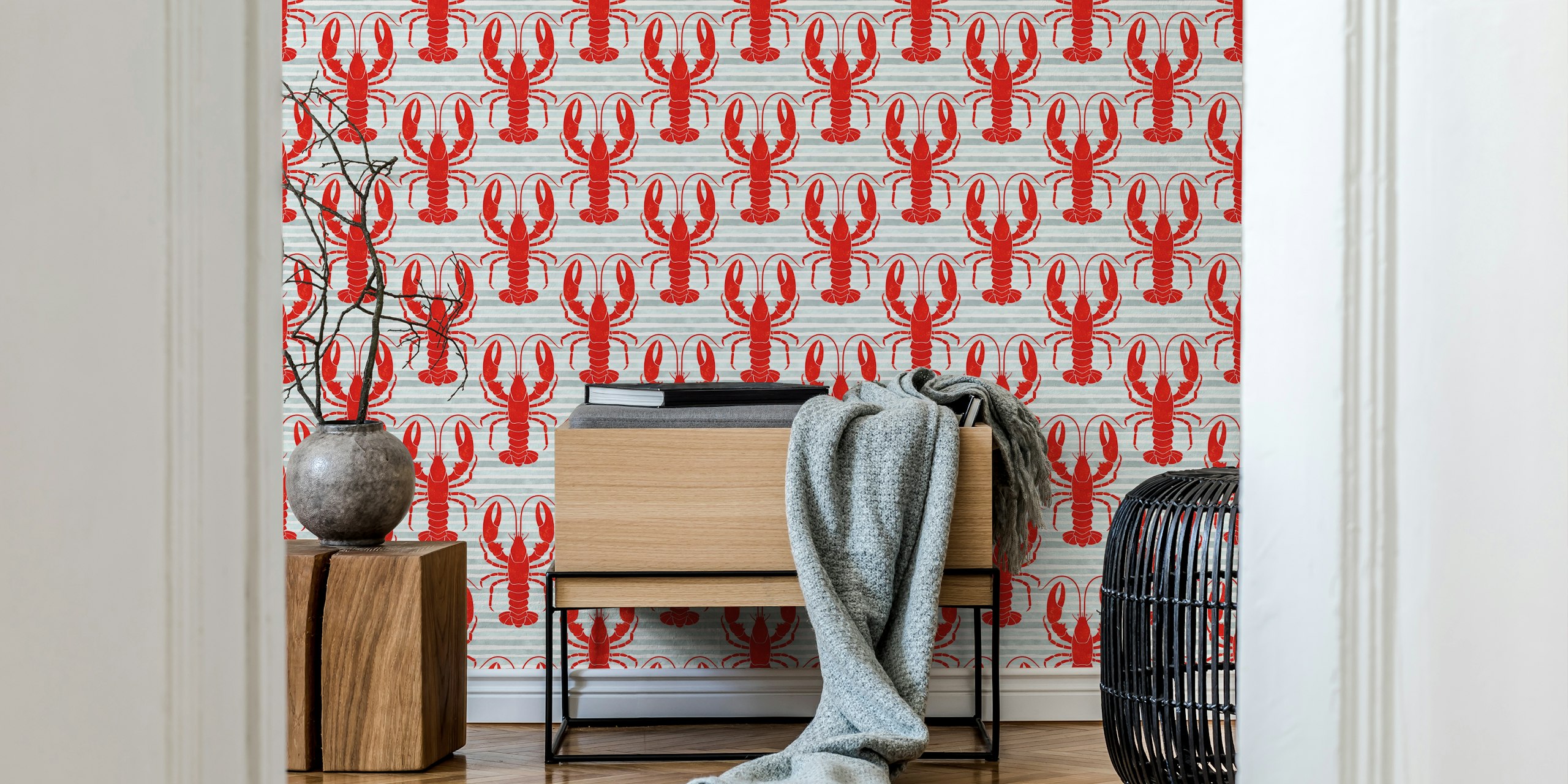 Red lobsters on grey striped wallpaper