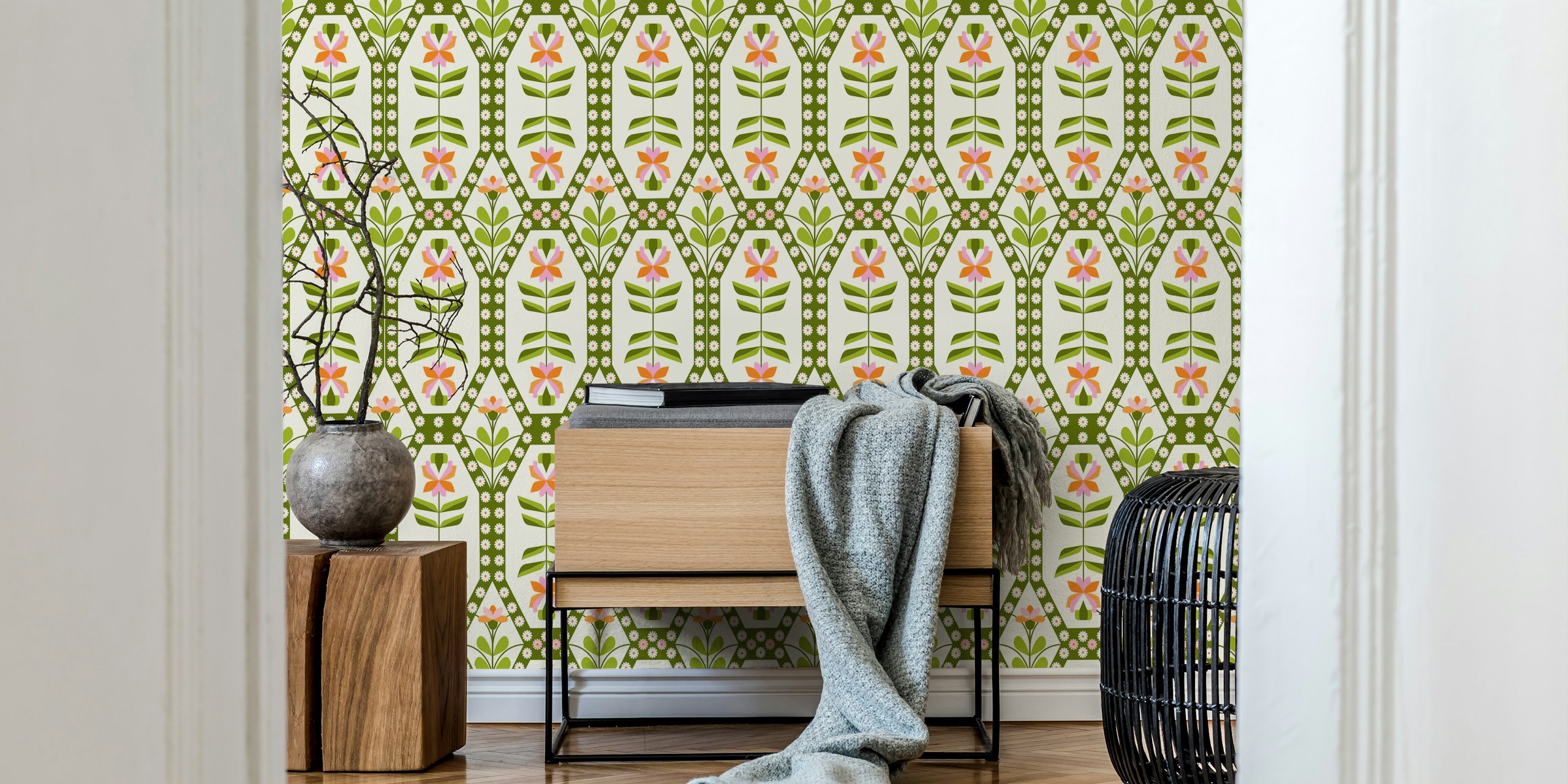 Design Floral Retro dos anos 70 Green Pink
