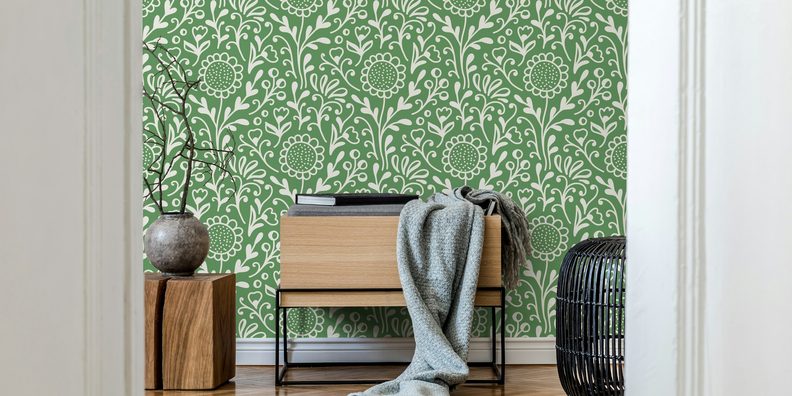 Green floral wallpaper with hand-drawn wildflowers and leaves
