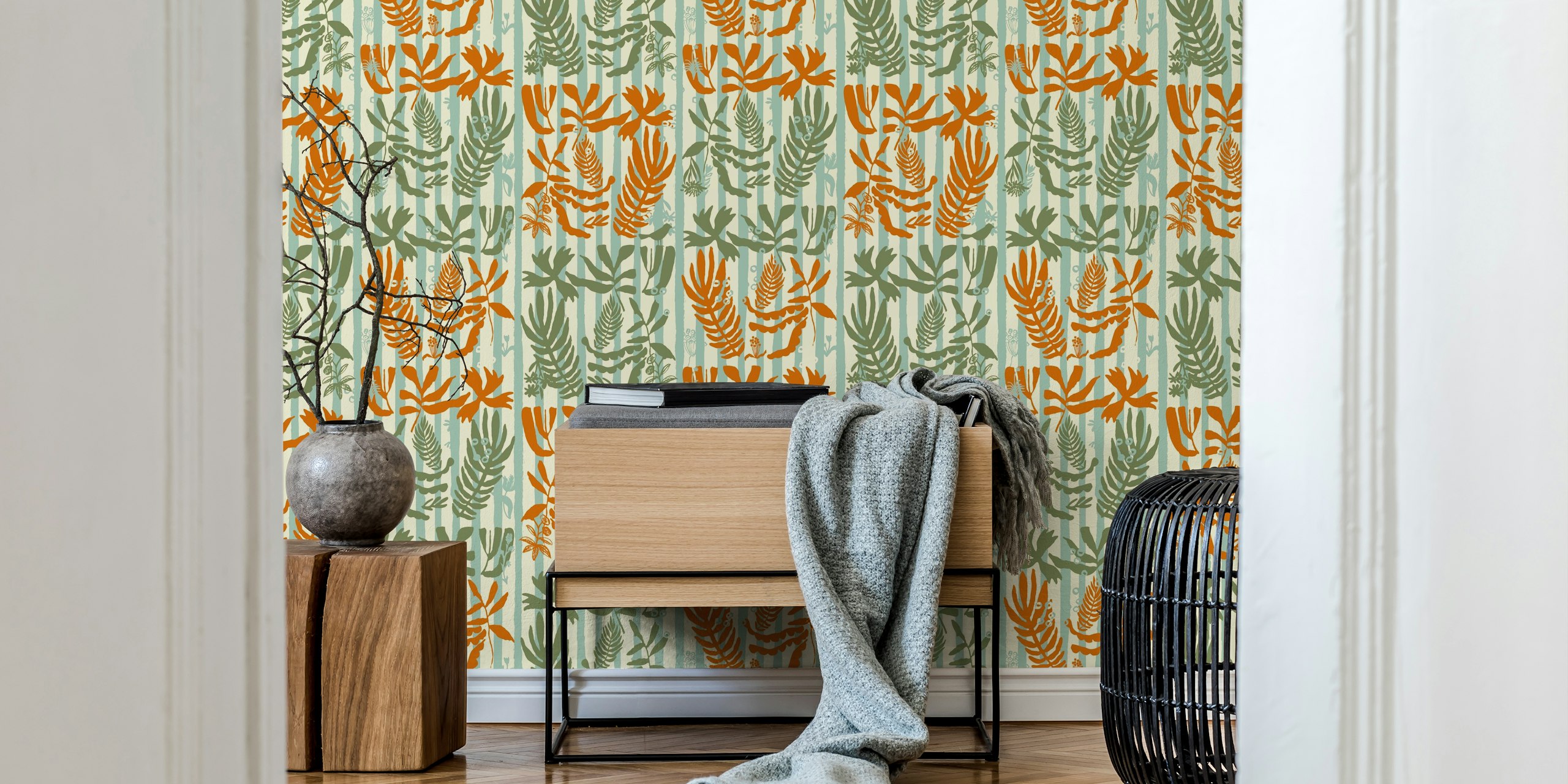 Striped woods sage wallpaper in a room