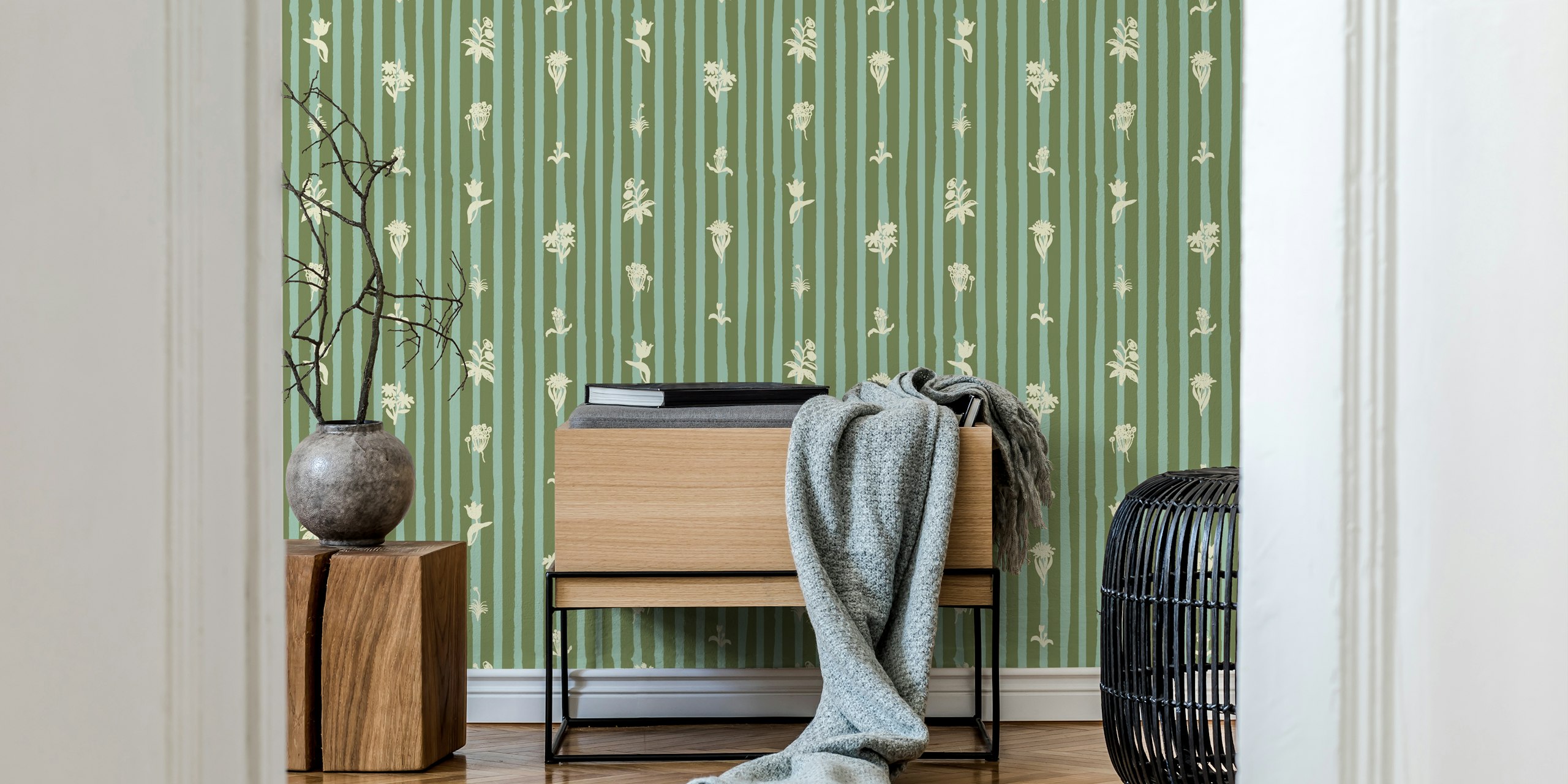 Floral pattern with stripes in sage green and cream wallpaper