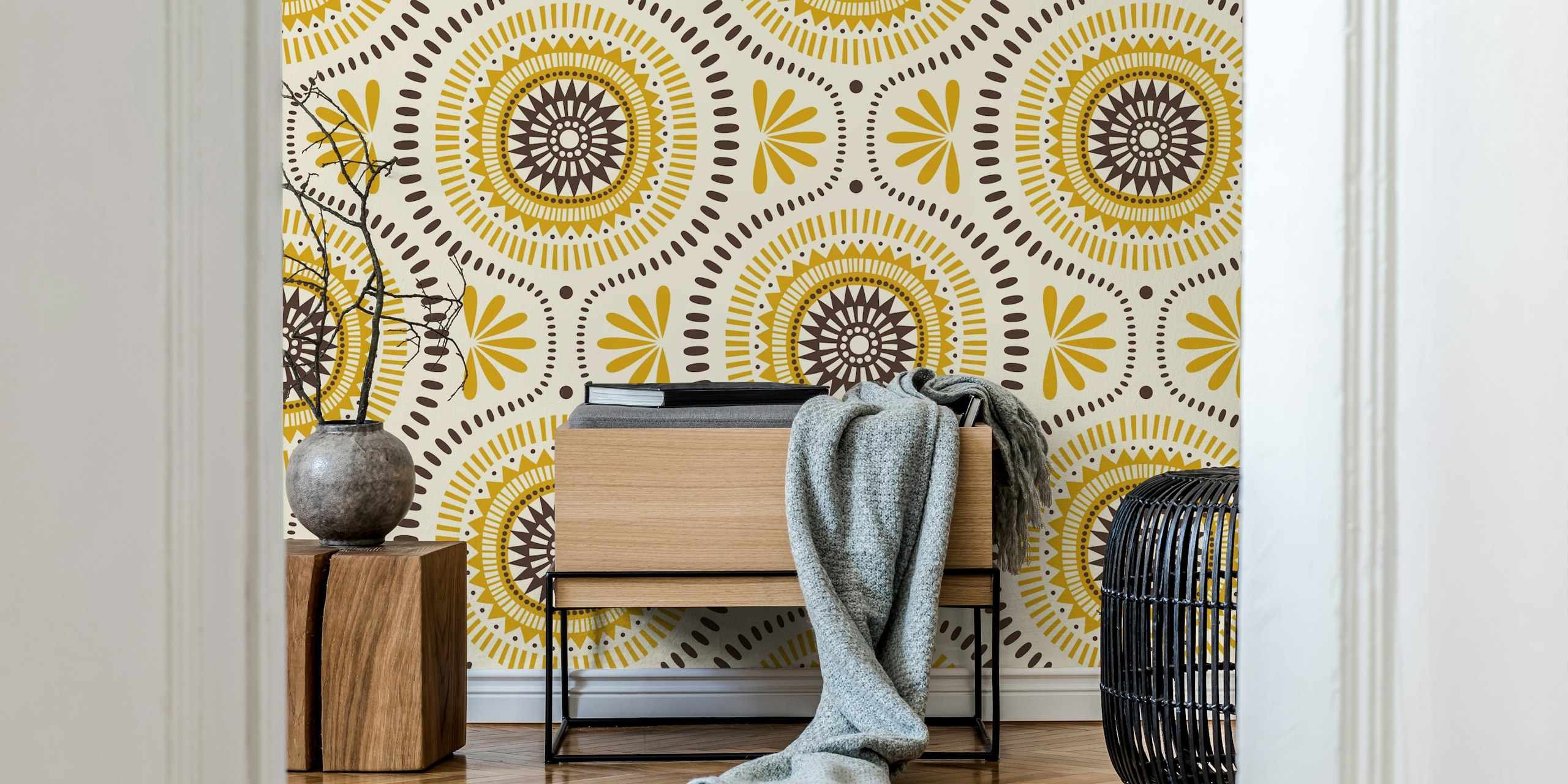 Geometric floral pattern in yellow and brown wallpaper