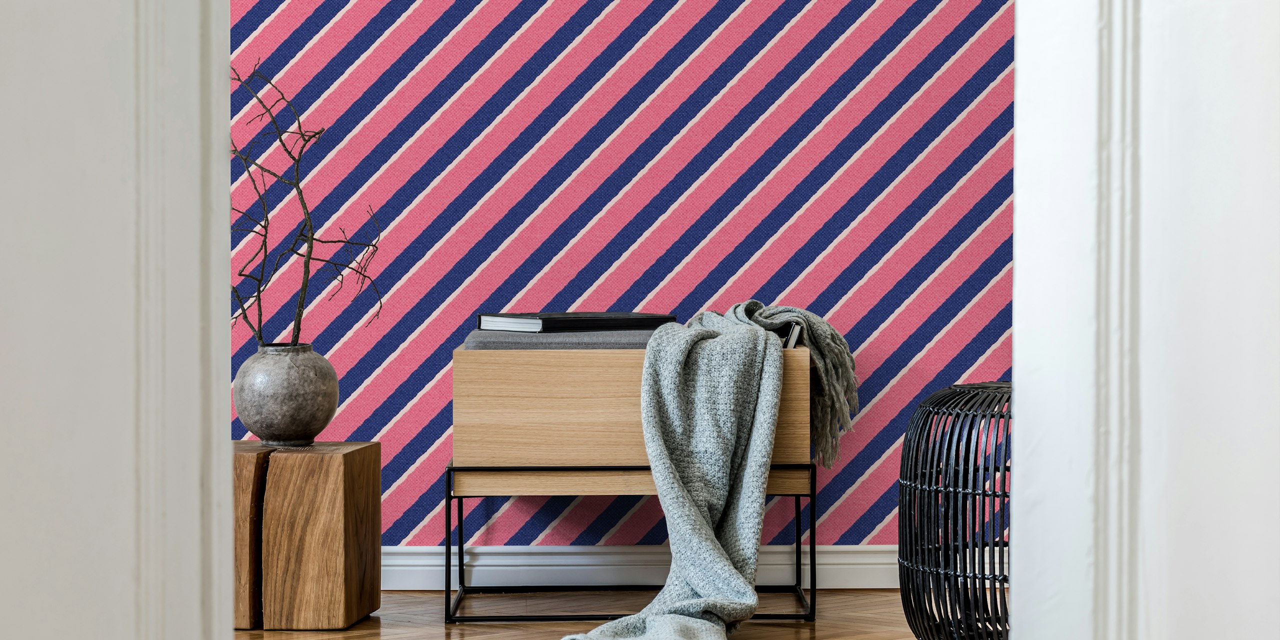 Striped wallpaper design in a room setting
