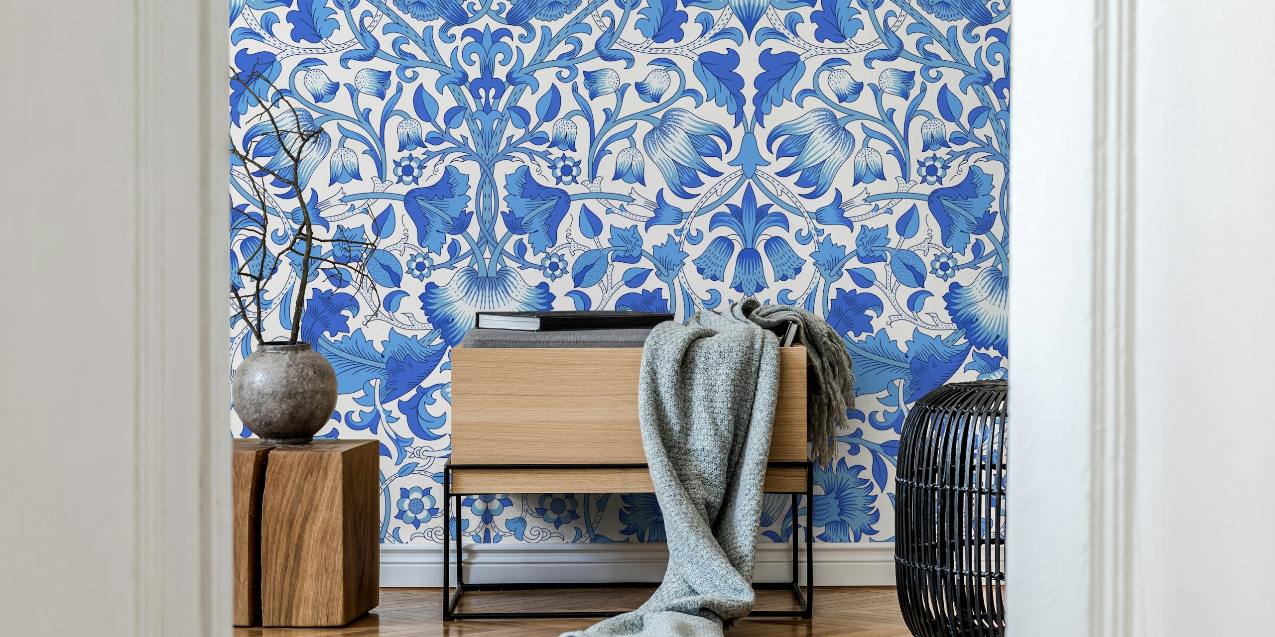 Victorian Lodden Blue wallpaper displayed in a room