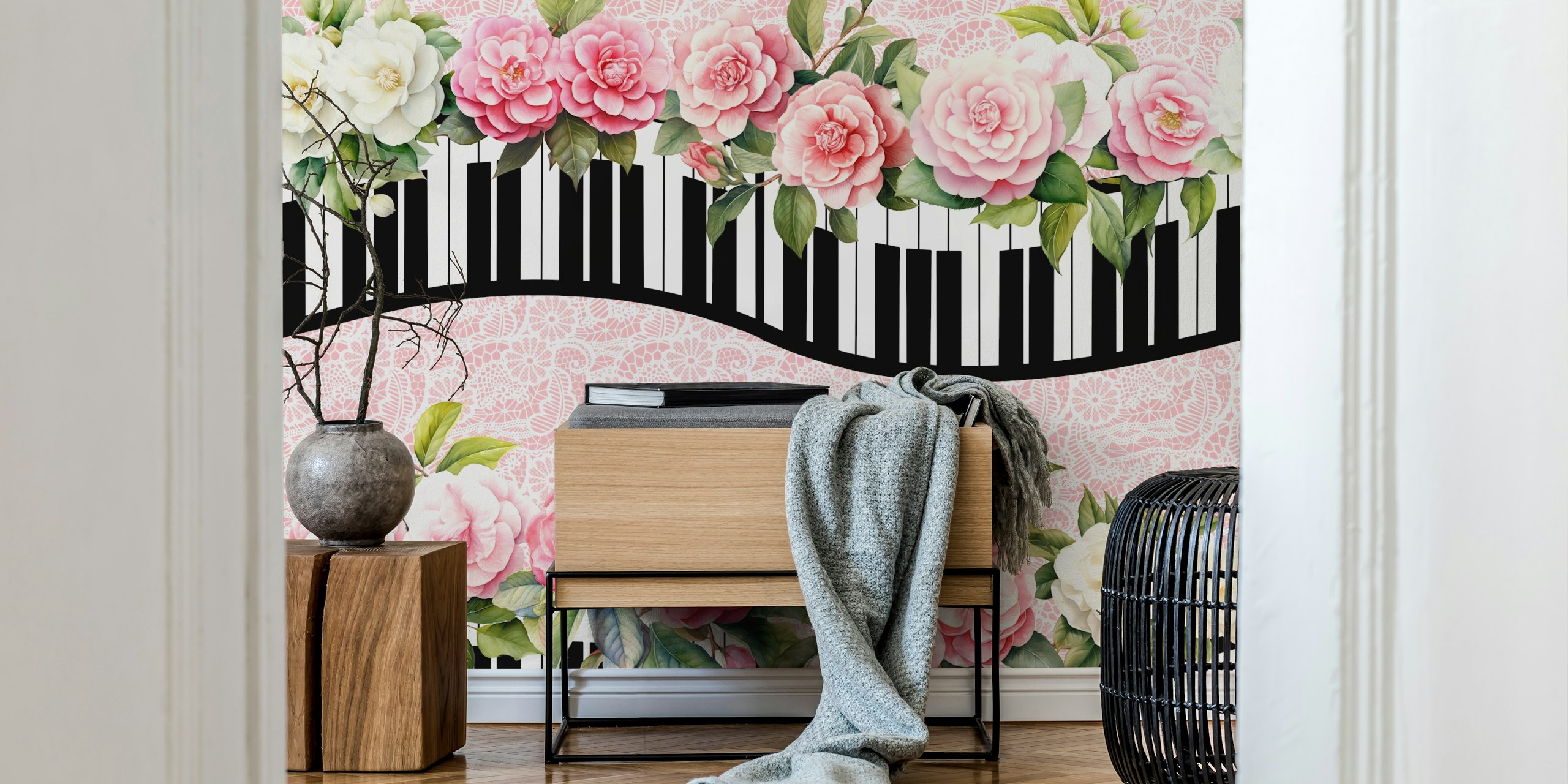 Vintage piano toetsen met bloemen golf behang ontwerp
