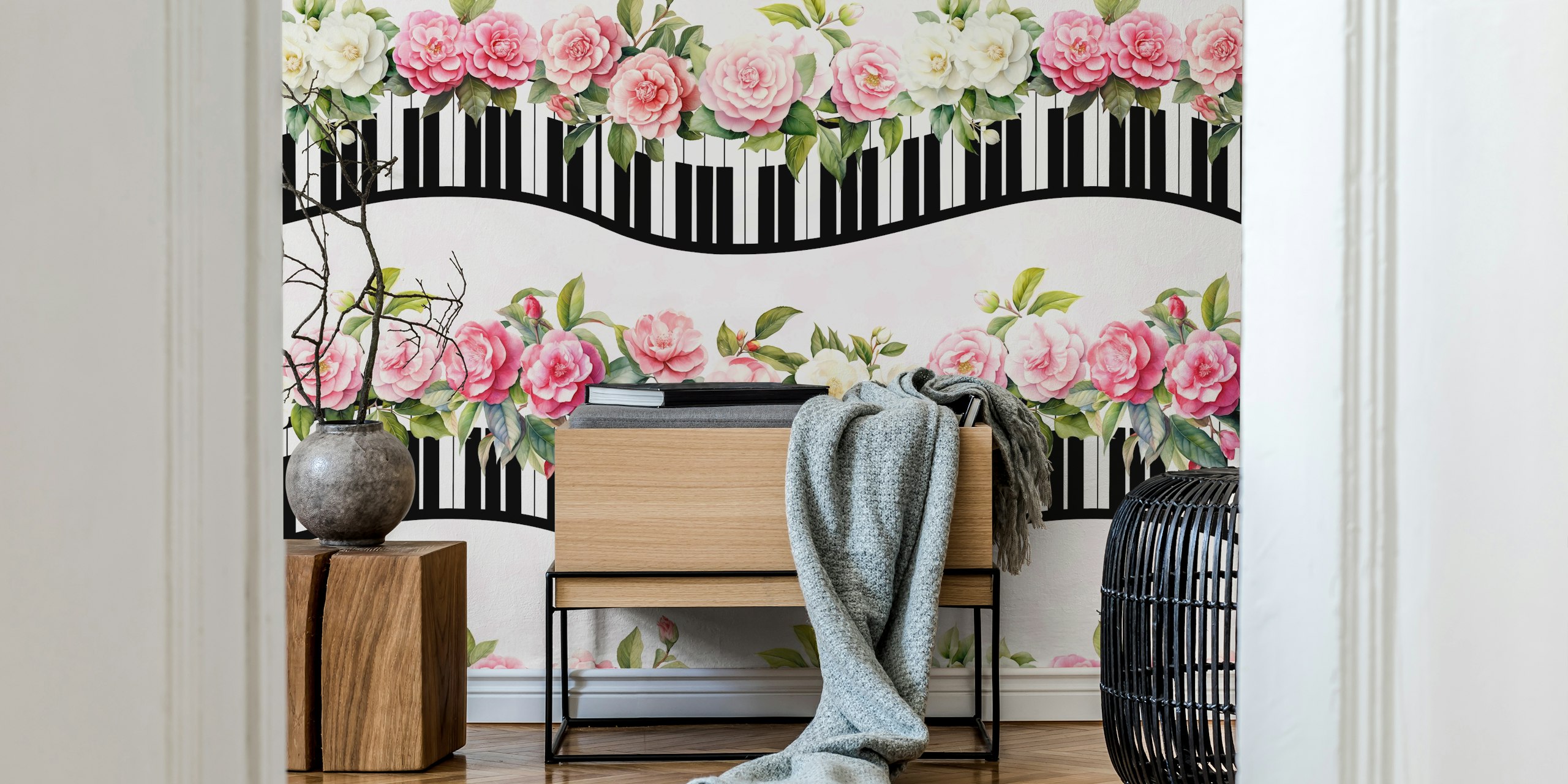 Shabby chic piano keyboard wallpaper in a room
