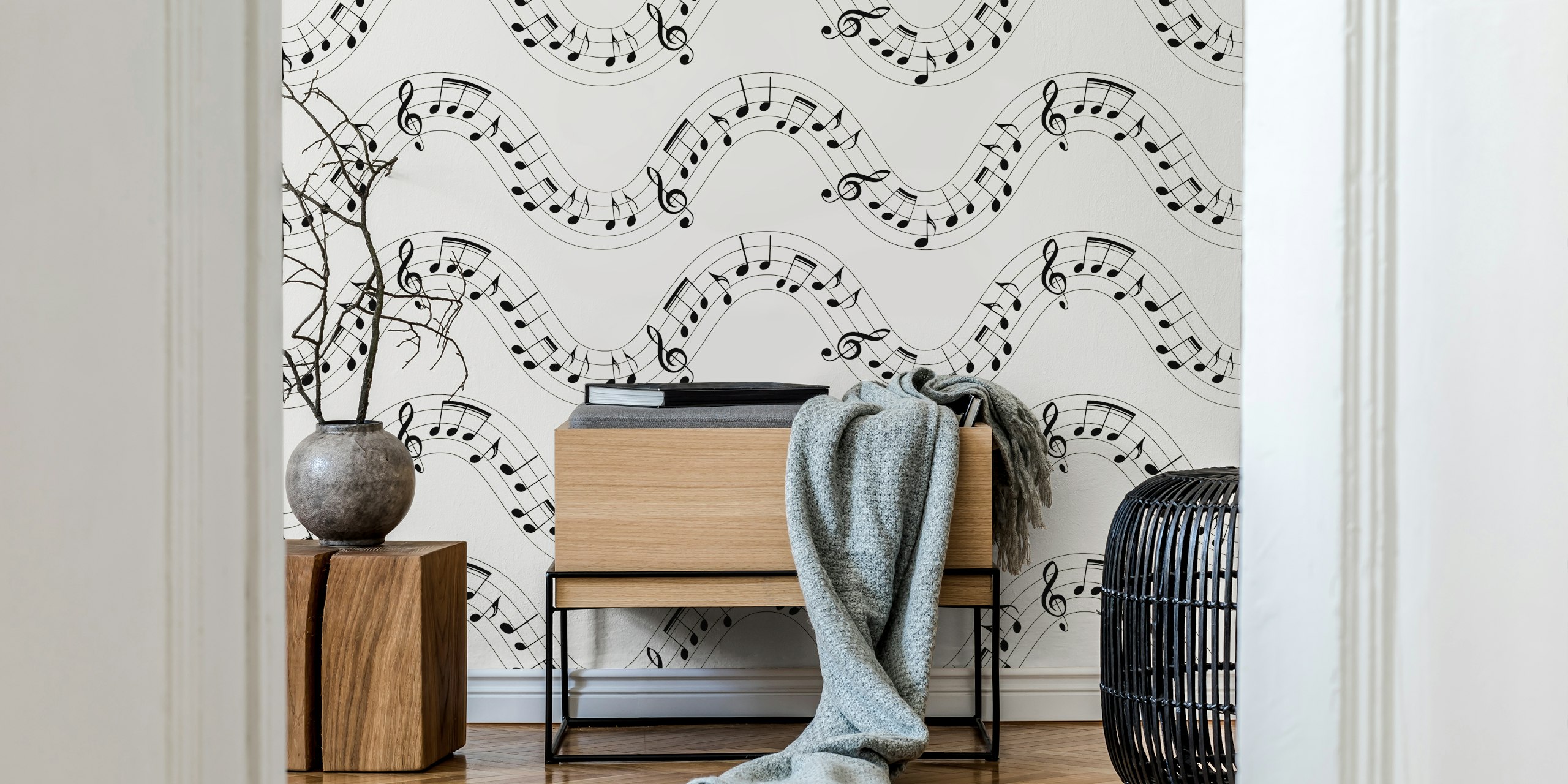 Musical notes forming wavy lines on a maroon background wall mural