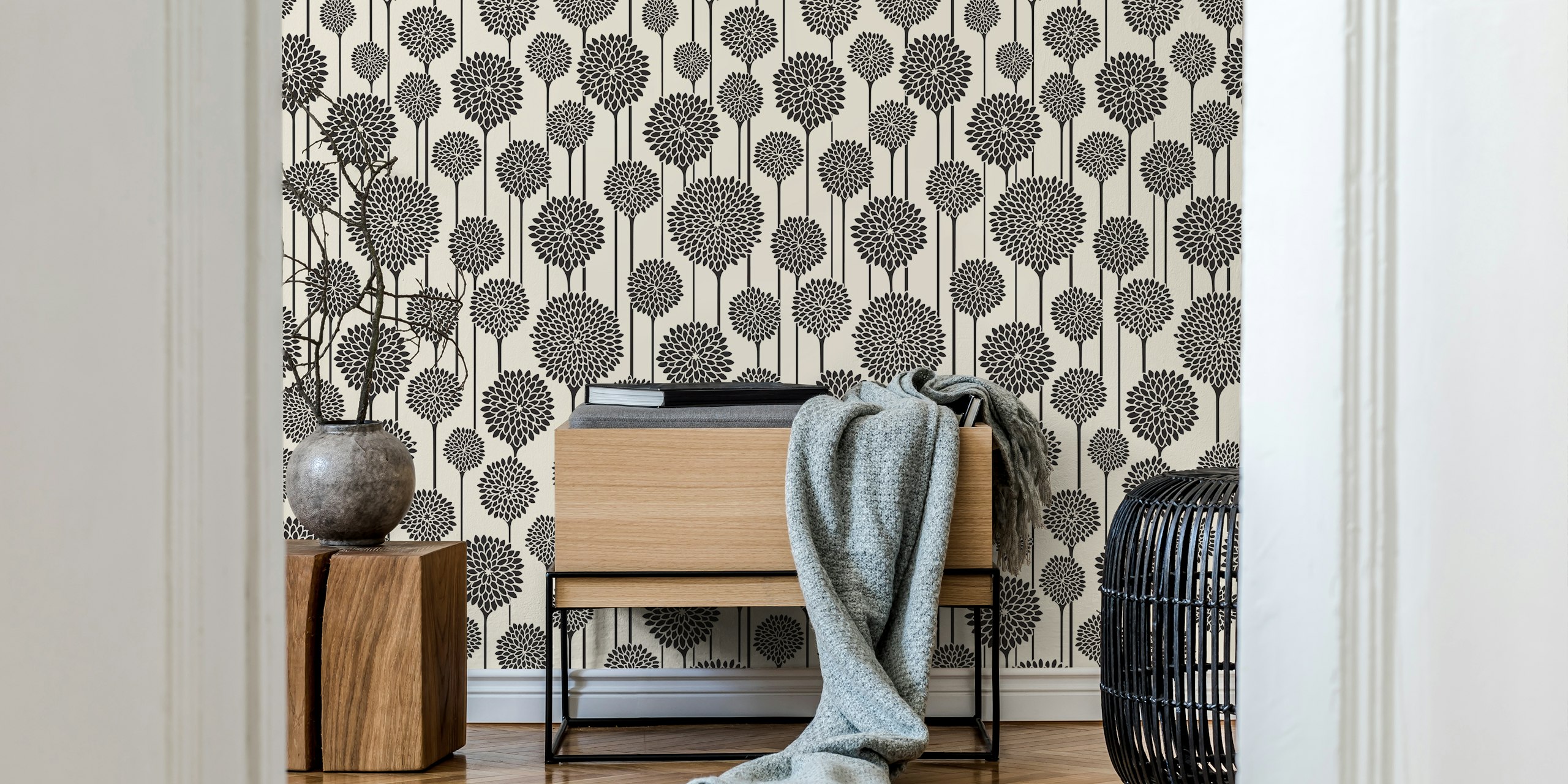 Černobýlý květinový vzor