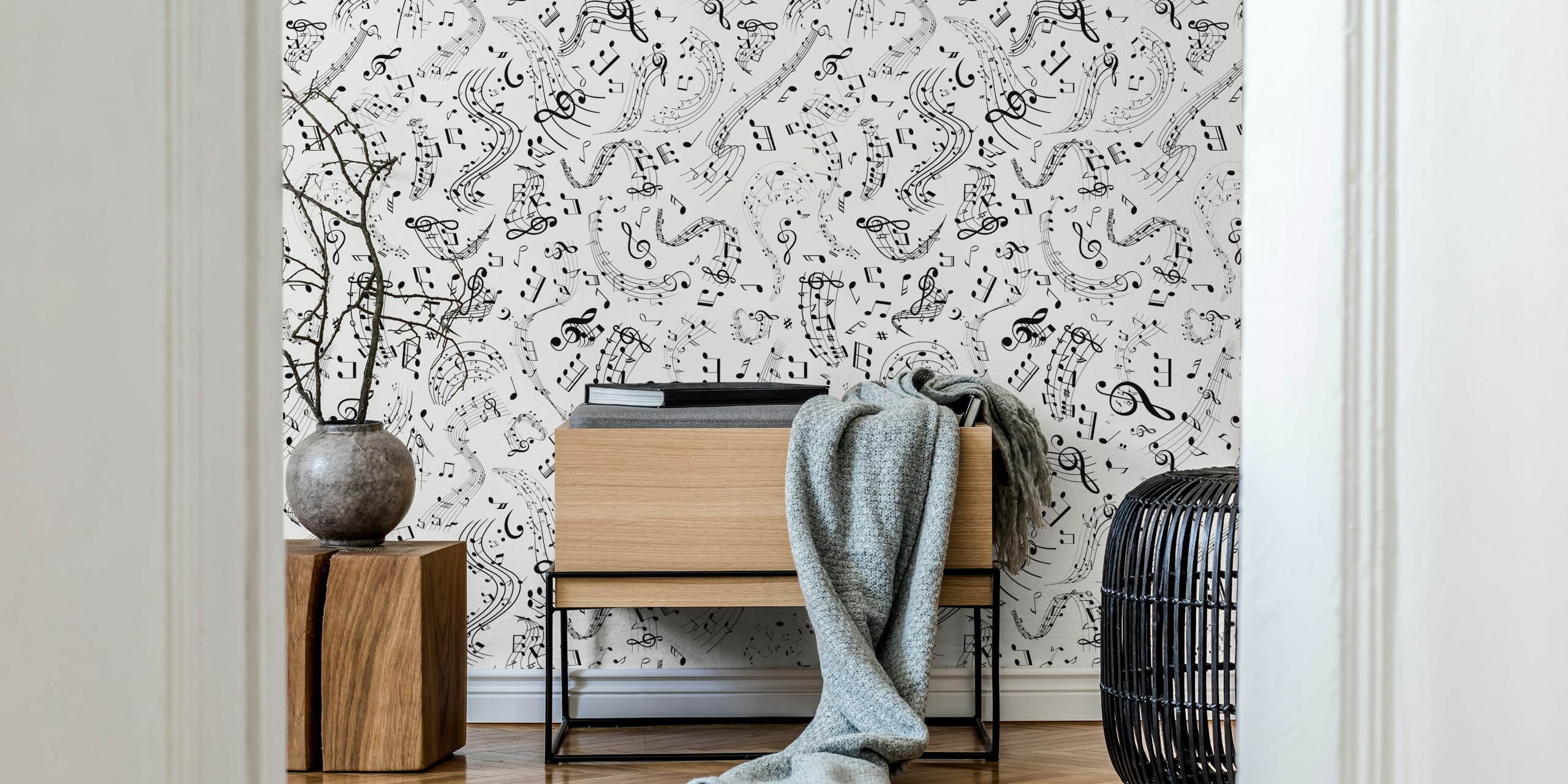Black and white music notes wallpaper in a room