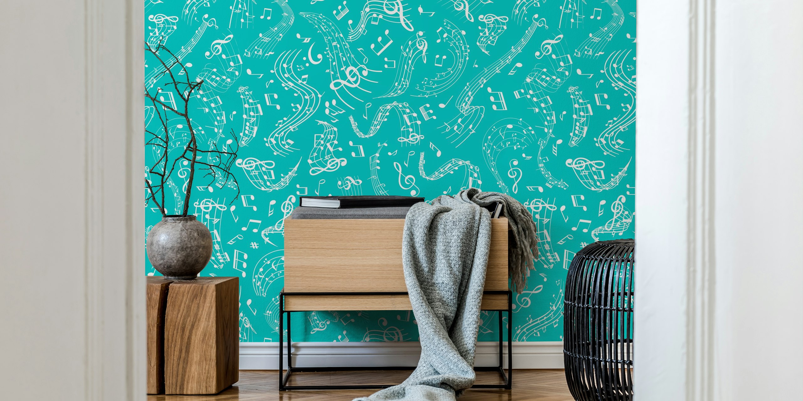 Teal wallpaper with white musical notes and clefs swirling patterns.