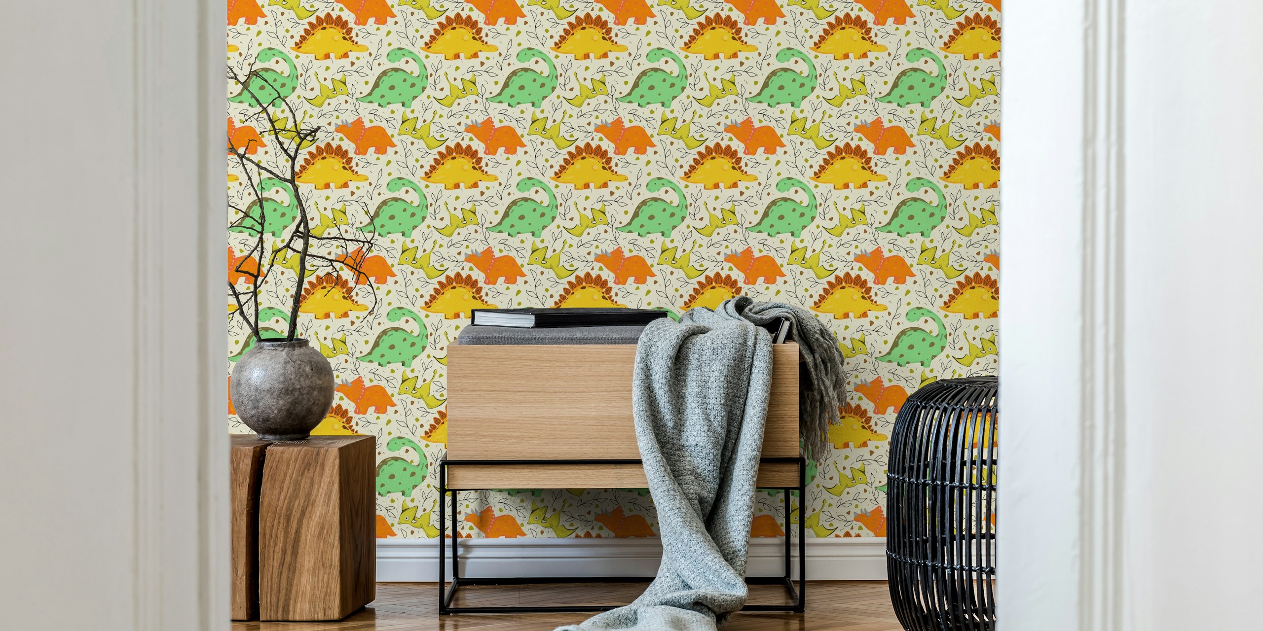 Colorful cartoon dinosaurs in green, orange, yellow, and beige wallpaper